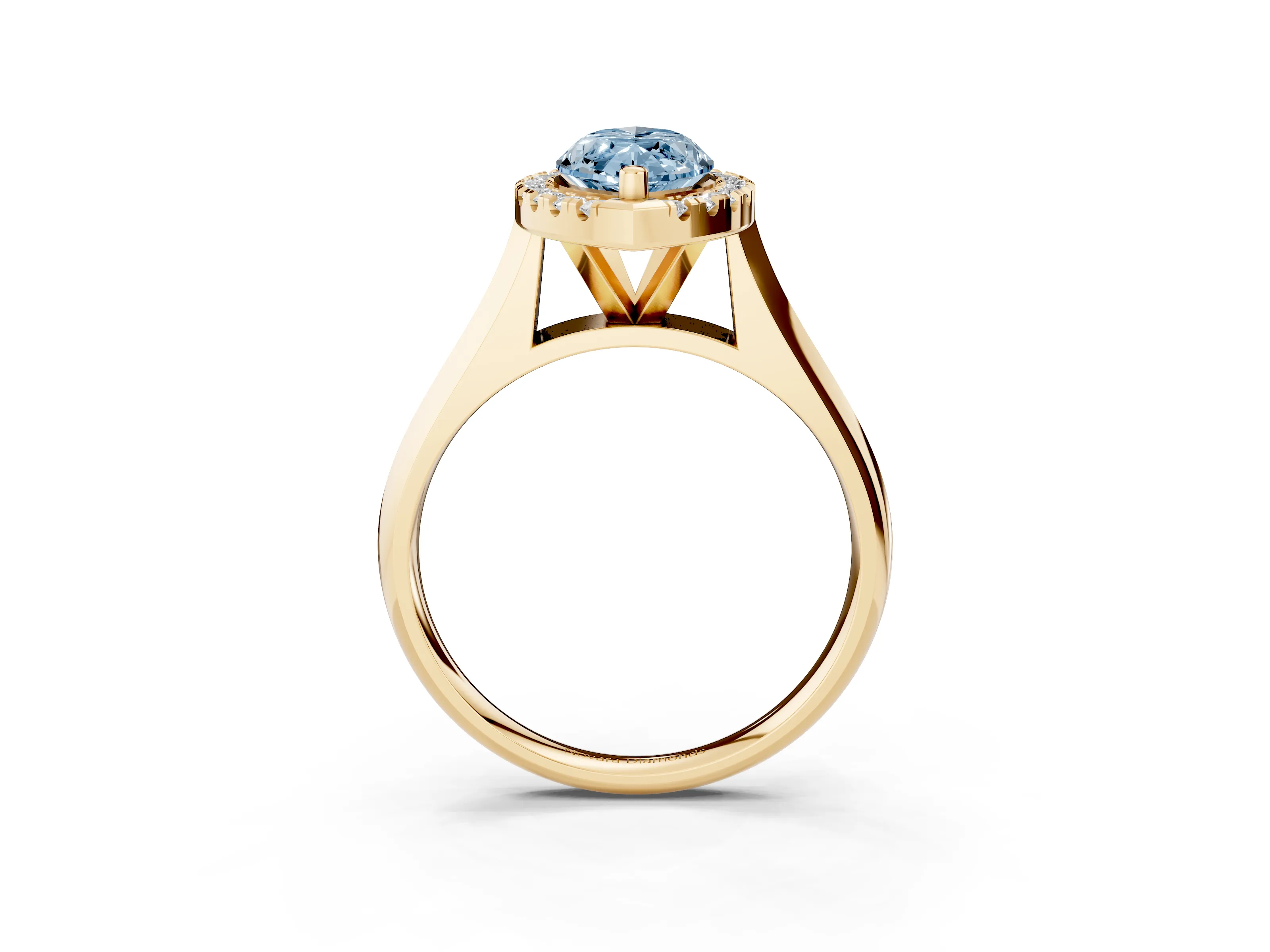 Fancy Blue Marquise Cut Diamond Halo Solitaire Engagement Ring Set in Yellow gold with Square Band and Prong Setting