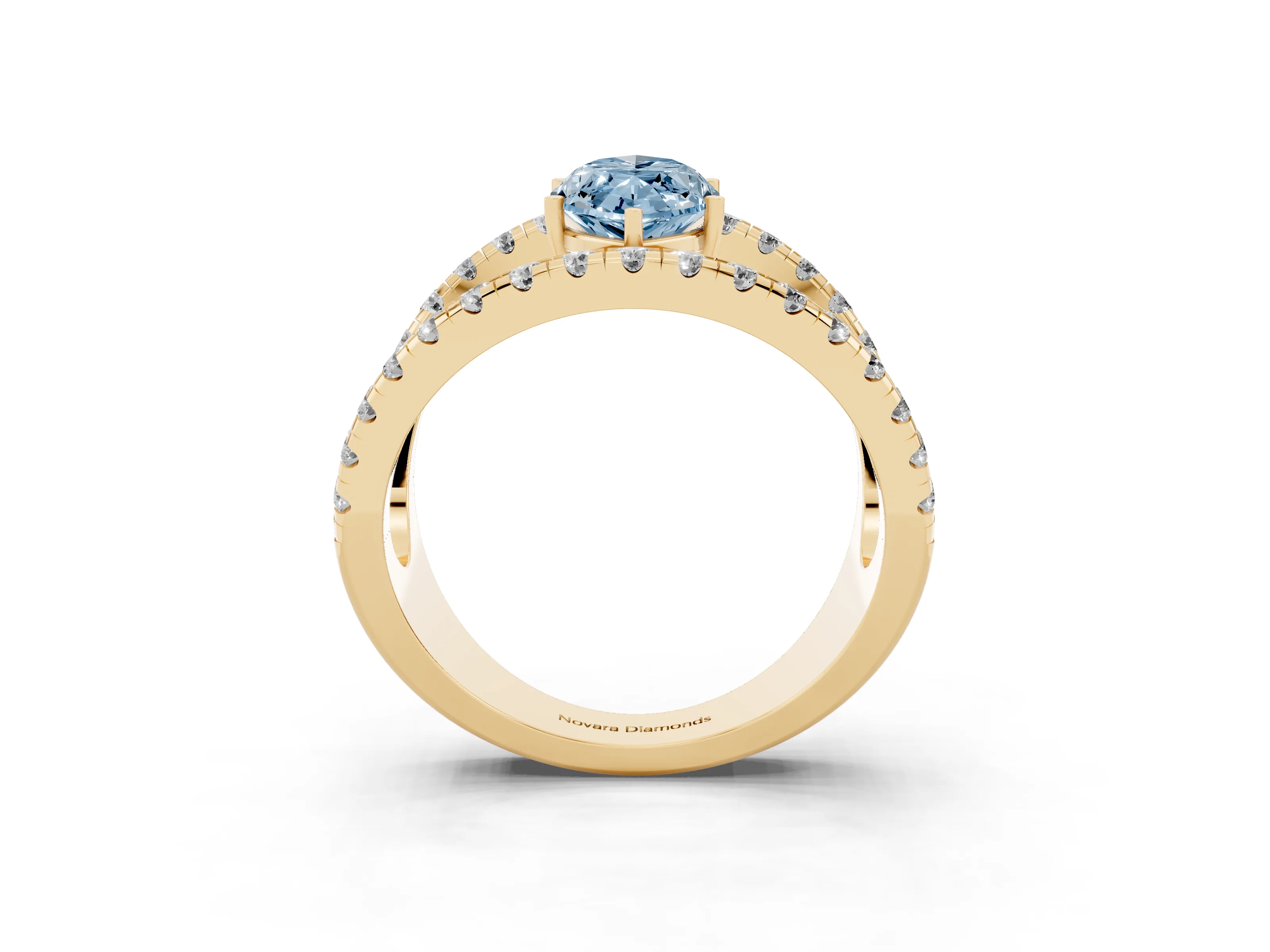 Fancy Blue Marquise Cut Diamond Split Shank Pavé Solitaire Ring Set in Yellow gold with Open Shank Design