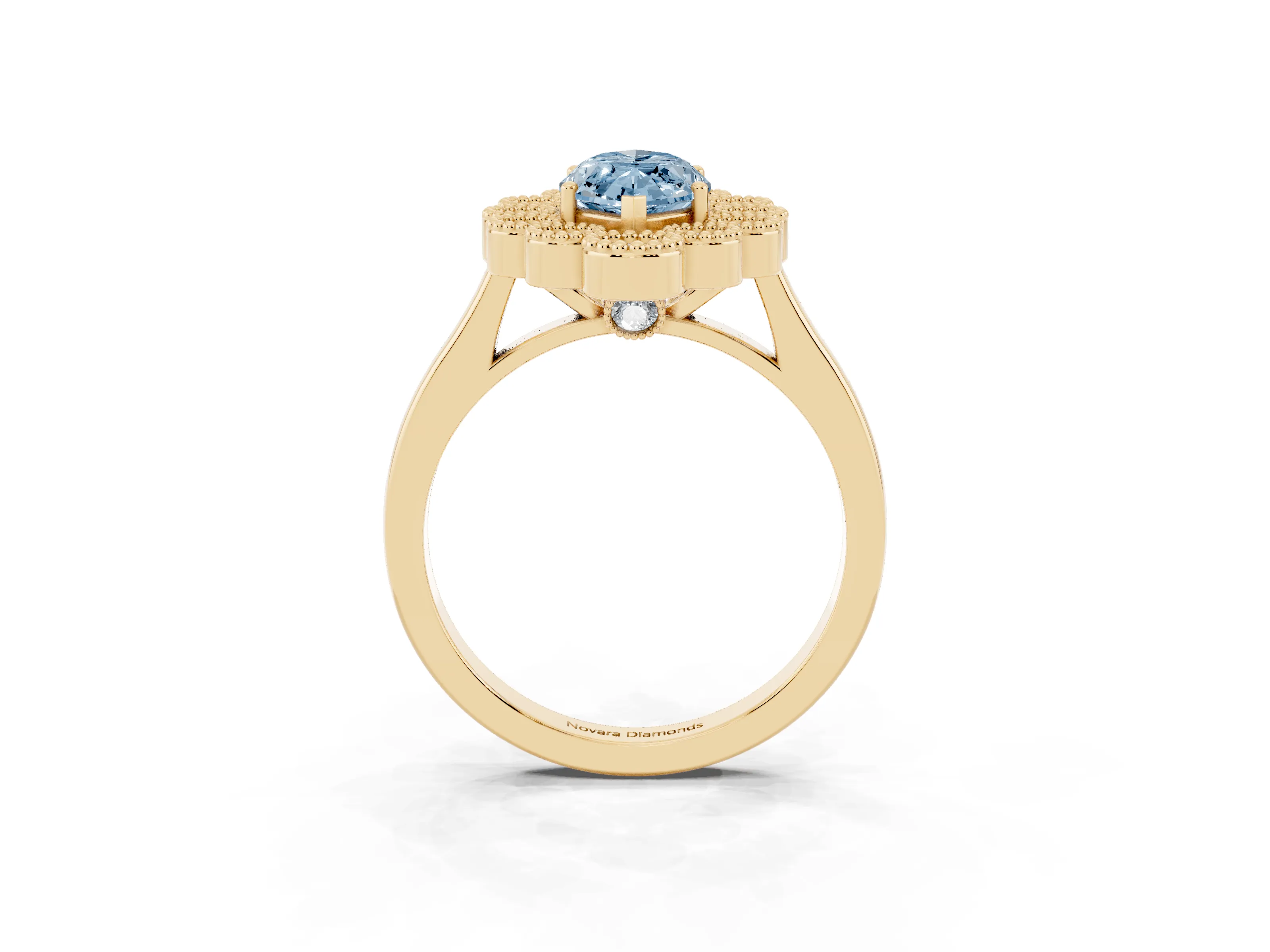 Fancy Blue Marquise Cut Diamond Cluster Halo Ring Set in Yellow gold with Milgrain Bezel Accents and Plain Band