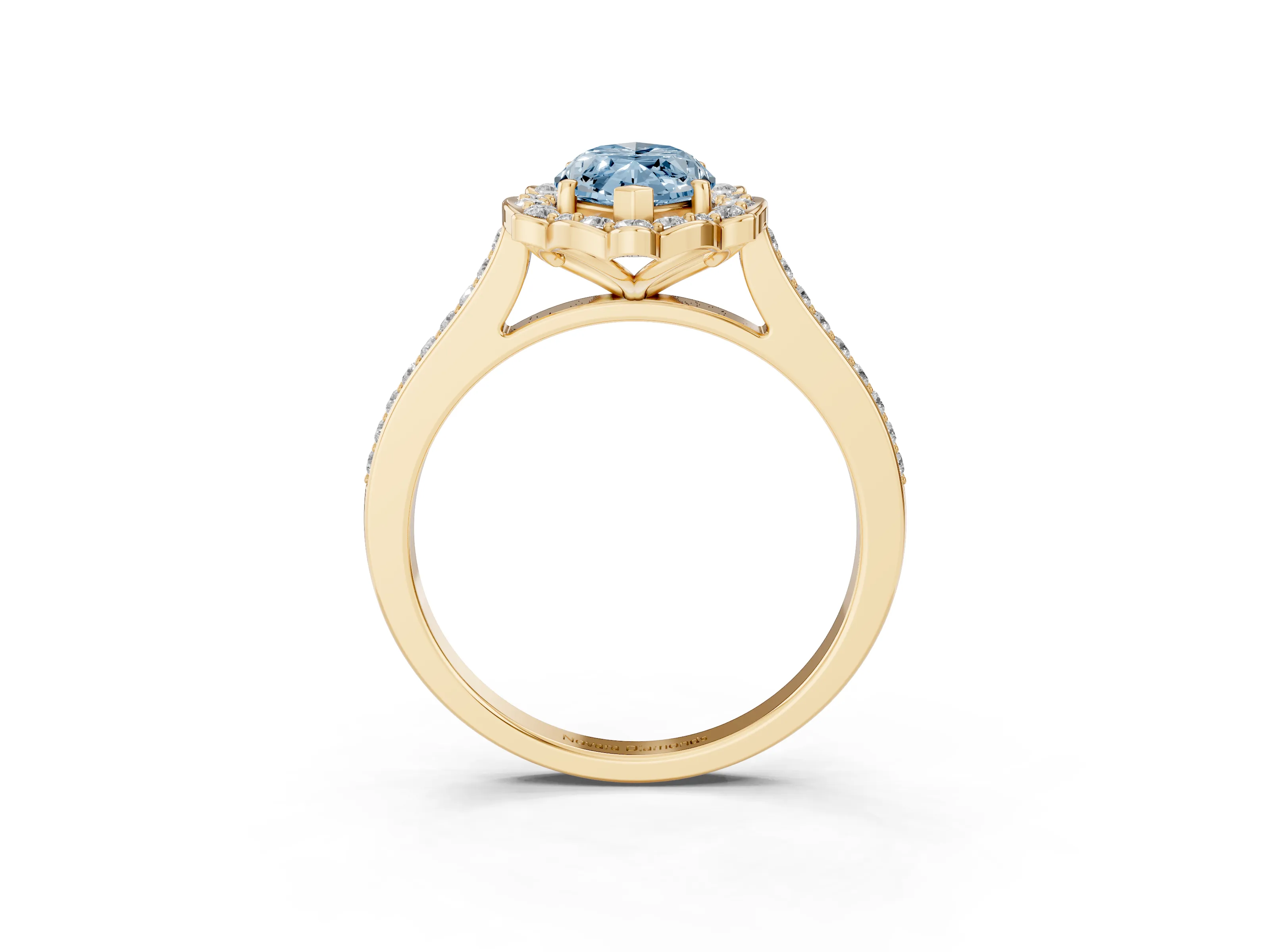 Fancy Blue Marquise Cut Diamond Halo Ring Set in Yellow gold with Pavé-Lined Shoulders and Prong Setting