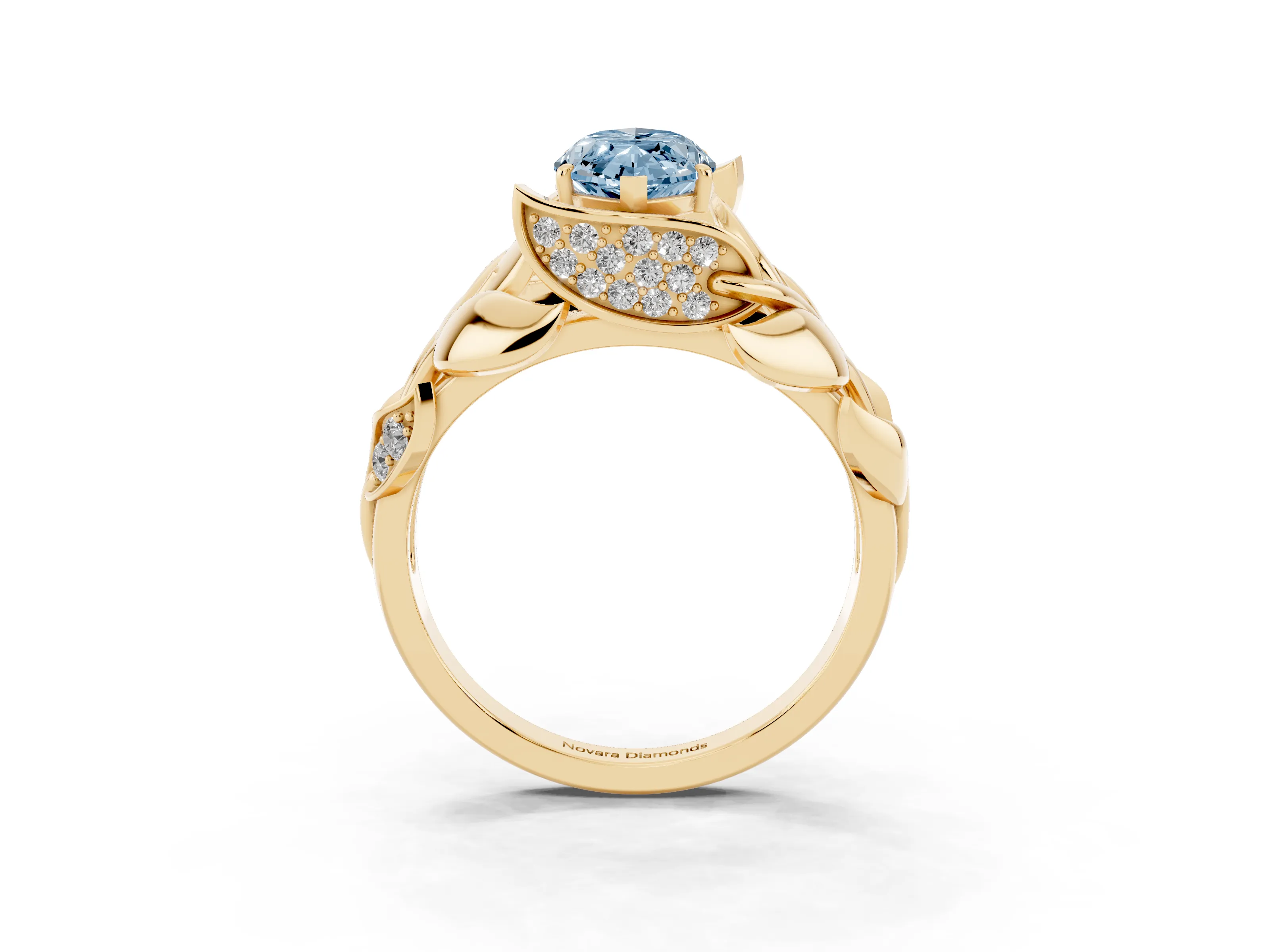 Fancy Blue Marquise Cut Diamond Leaf-Inspired Engagement Ring Set in Yellow gold with Round Accents