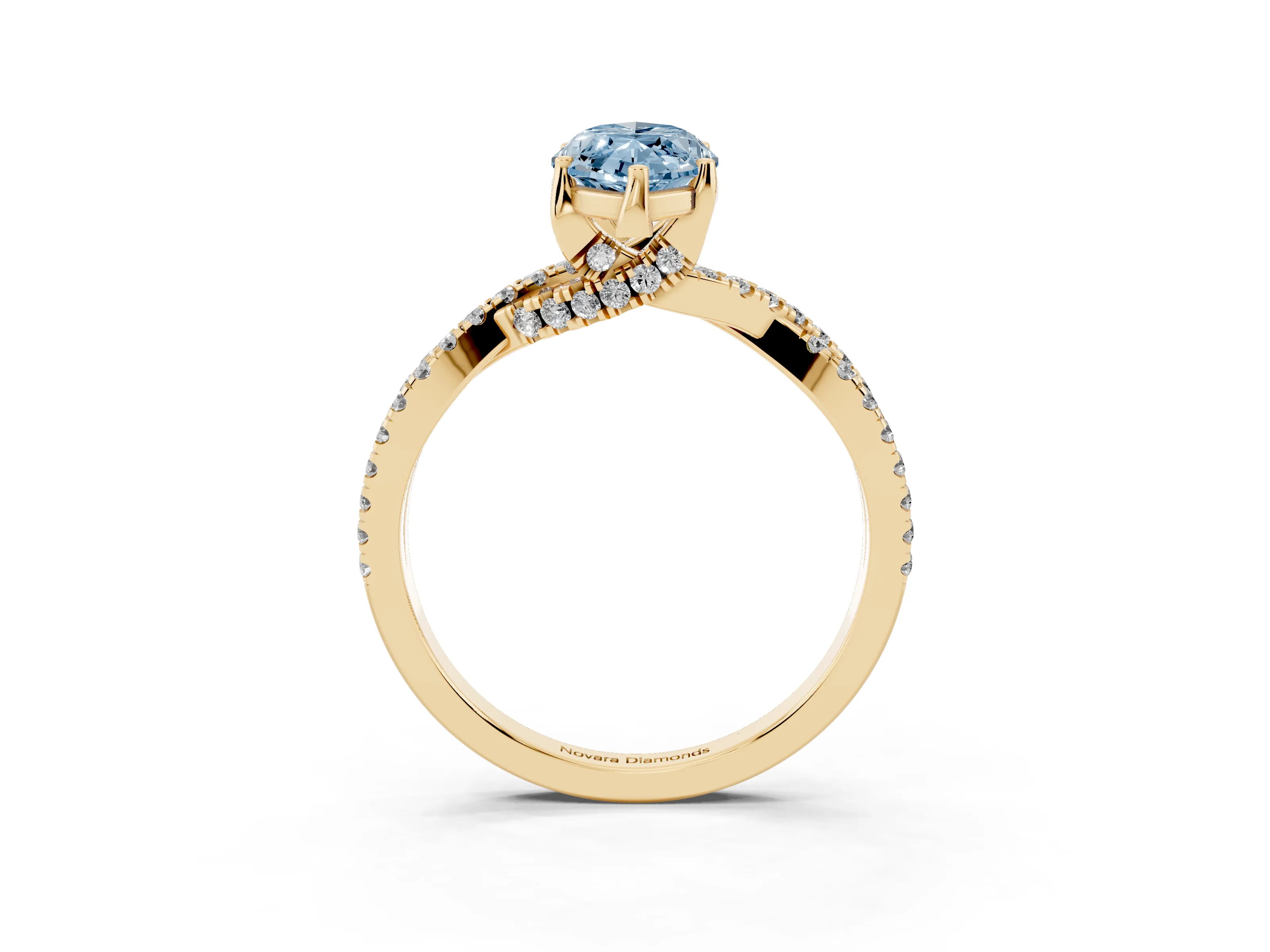 Fancy Blue Marquise Cut Diamond Twist Pavé Solitaire Engagement Ring Set in Yellow gold with Prong Setting
