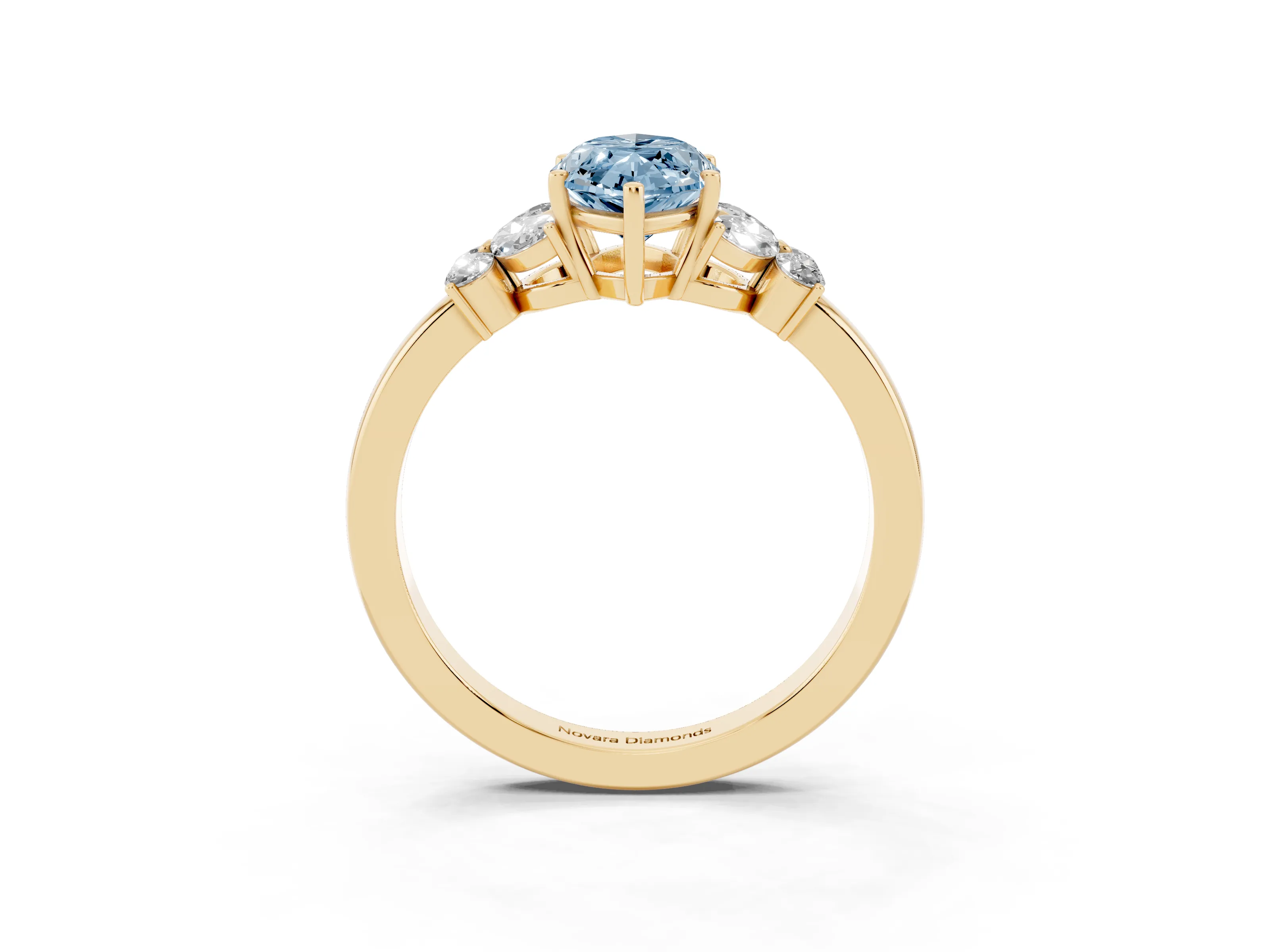Fancy Blue Marquise Cut Diamond Solitaire Floral Ring Set in Yellow gold with Marquise Petals and Prong Setting