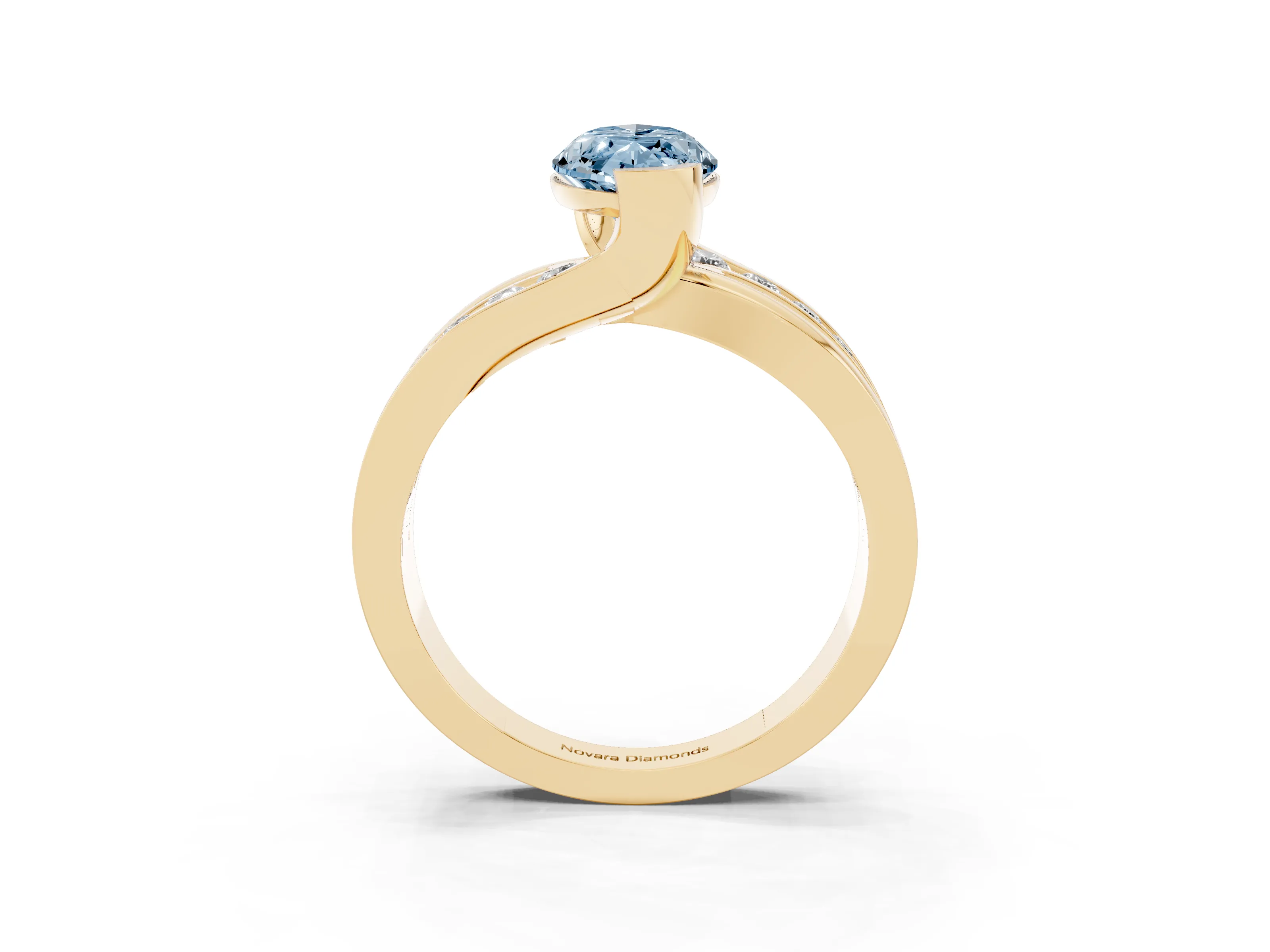 Fancy Blue Marquise Cut Diamond Solitaire Ring Set in Yellow gold with Channel Set Split Shank and Tension Prongs