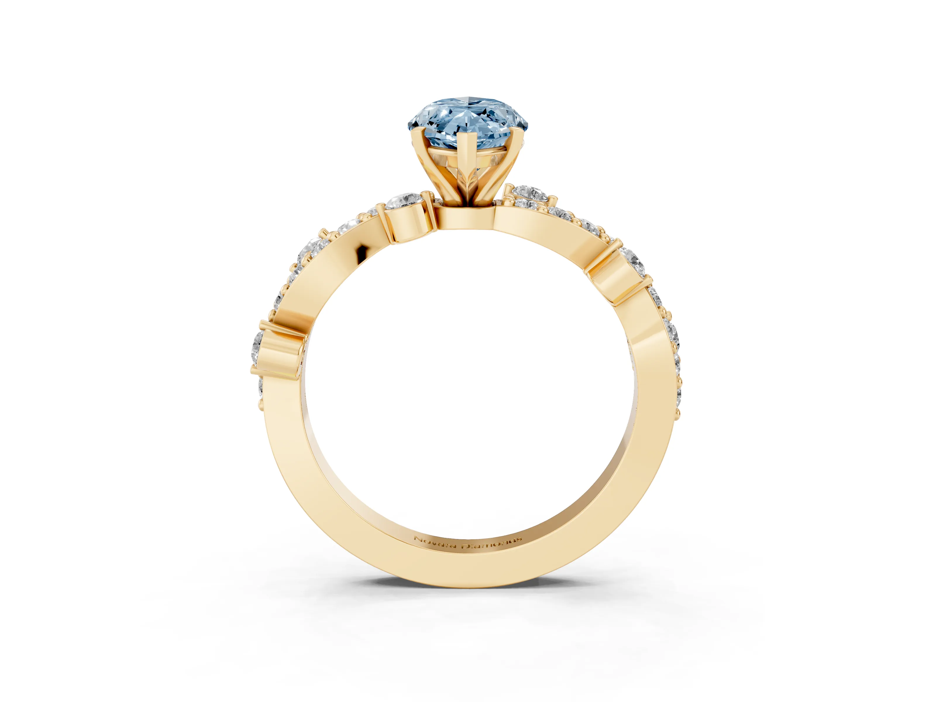 Fancy Blue Marquise Cut Diamond Solitaire Twisted Band Set in Yellow gold with Pavé Setting