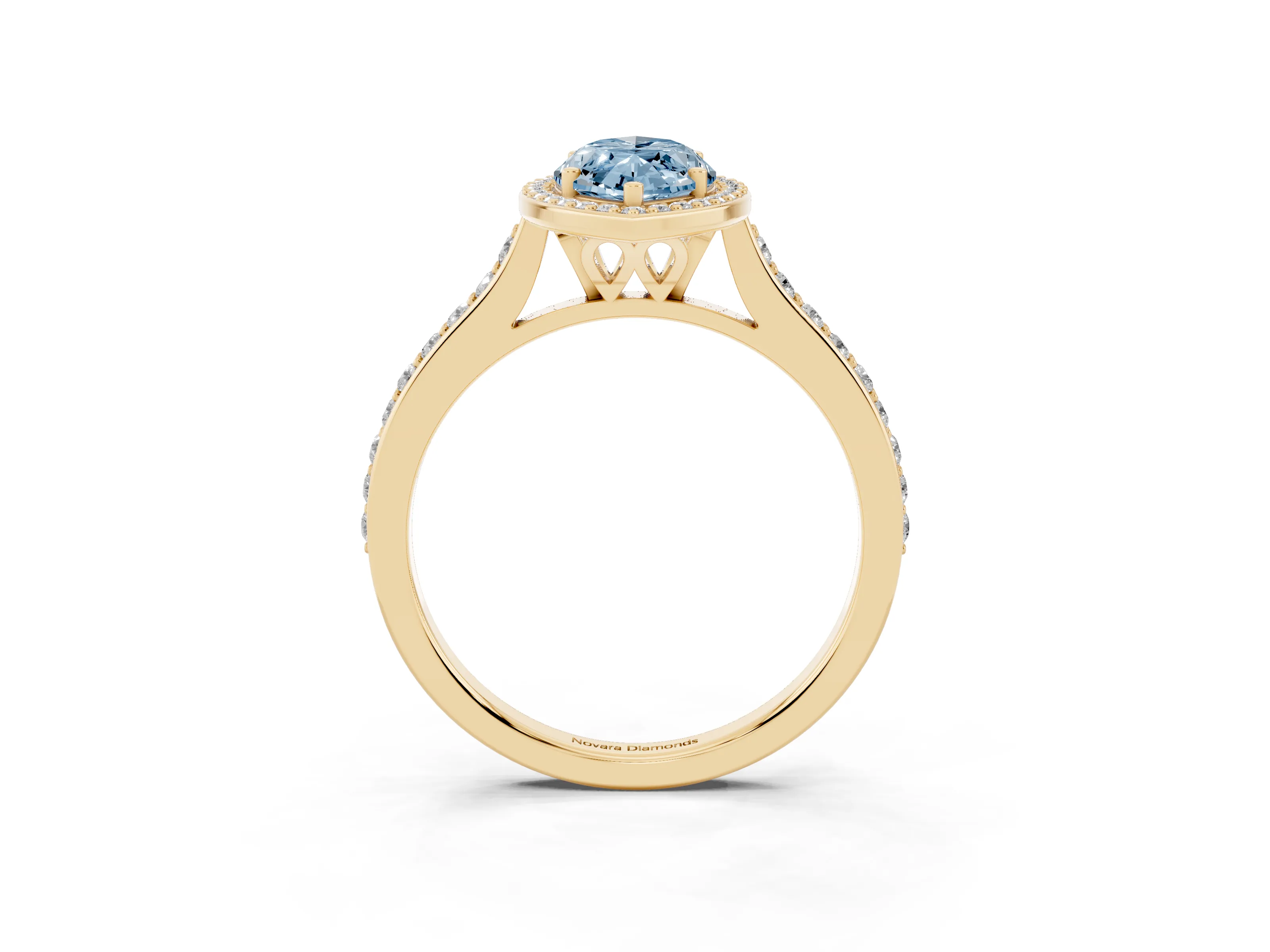 Fancy Blue Marquise Cut Diamond Halo Engagement Ring Set in Yellow gold with Round Pavé Shoulders and Heart Gallery