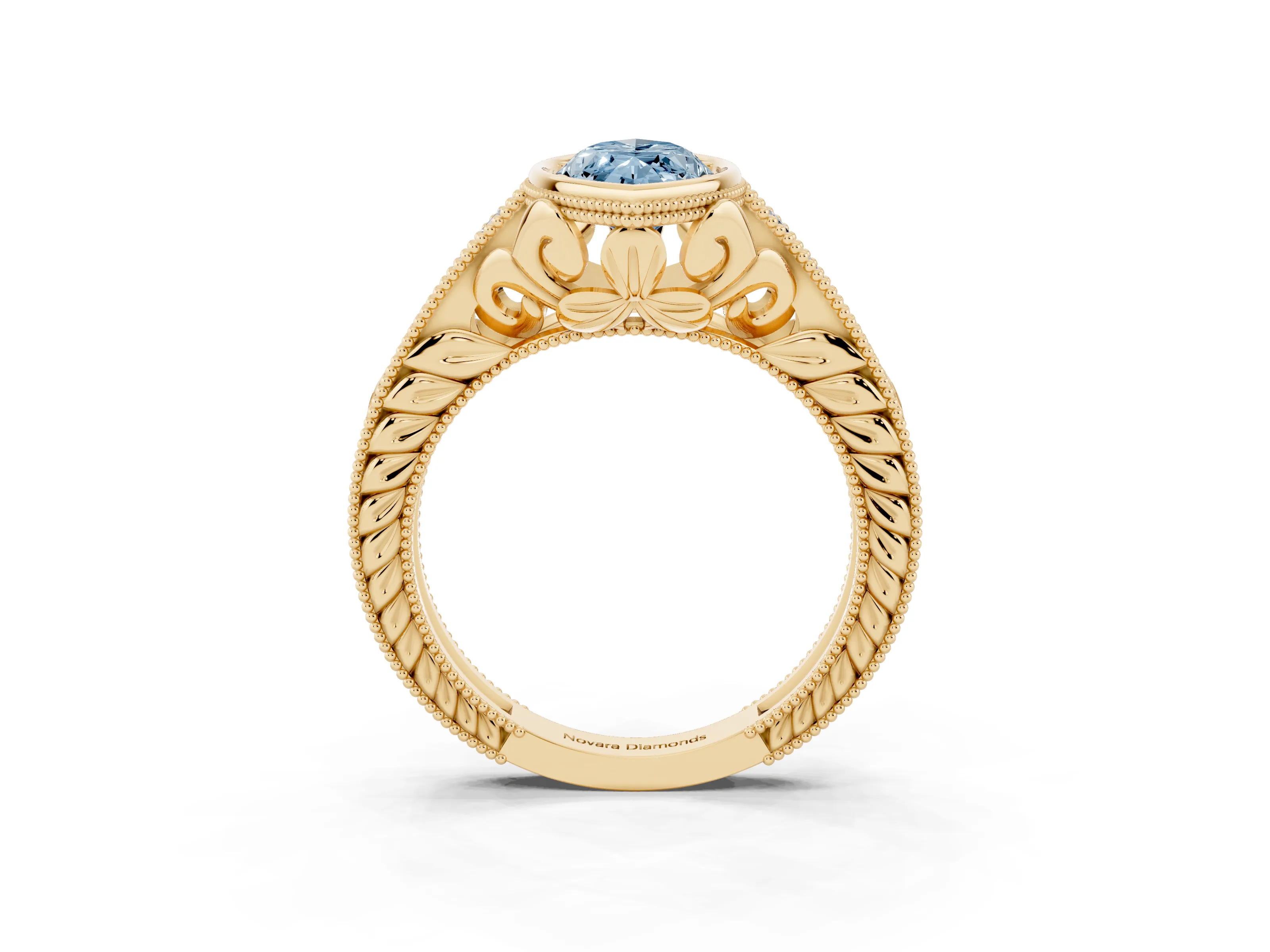Fancy Blue Bezel Set Marquise Cut Diamond Milgrain Pavé Engagement Ring Set in Yellow gold