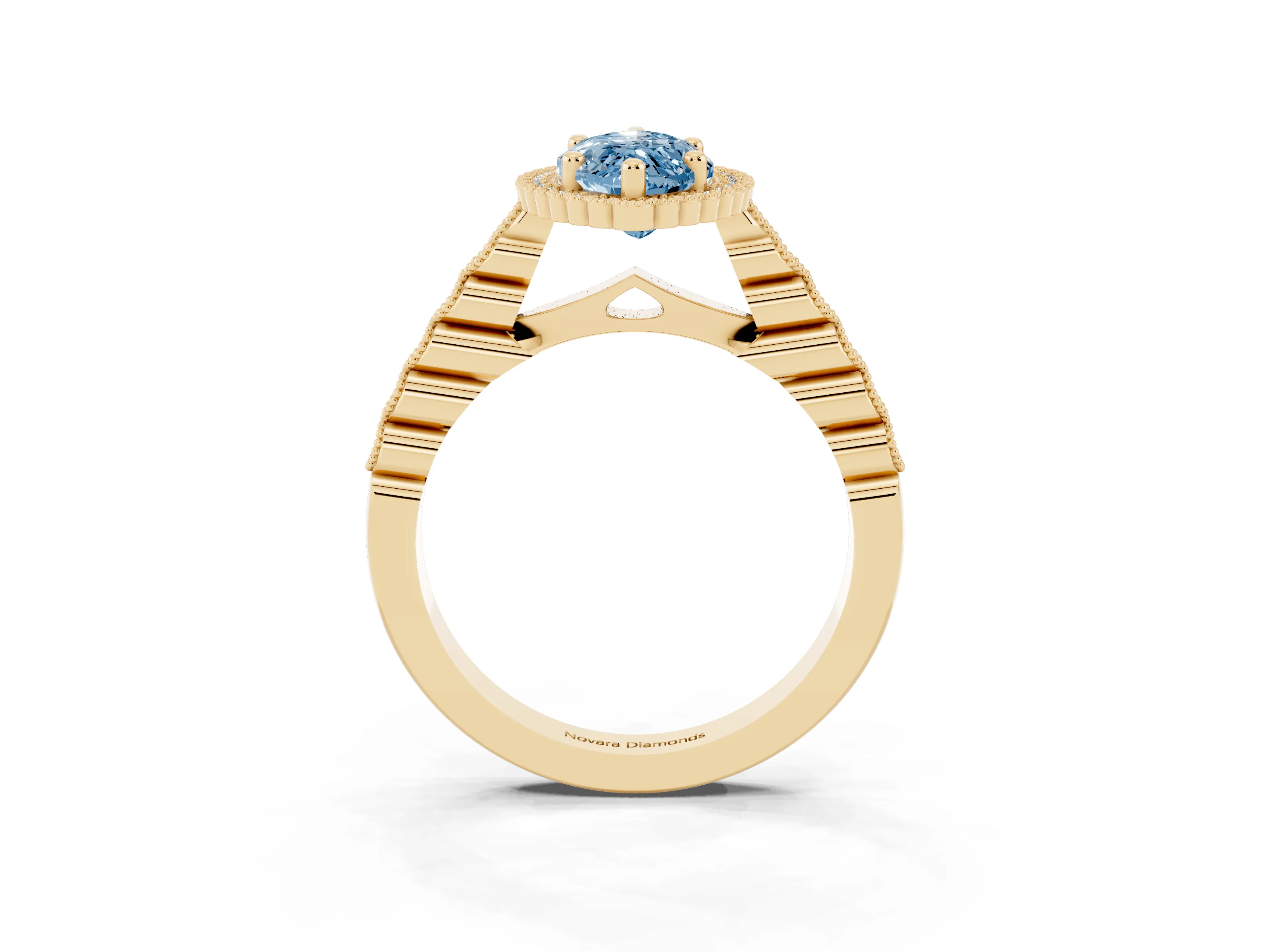 Fancy Blue Marquise Cut Diamond Halo Ring Set in Yellow gold with Pavé Milgrain Band
