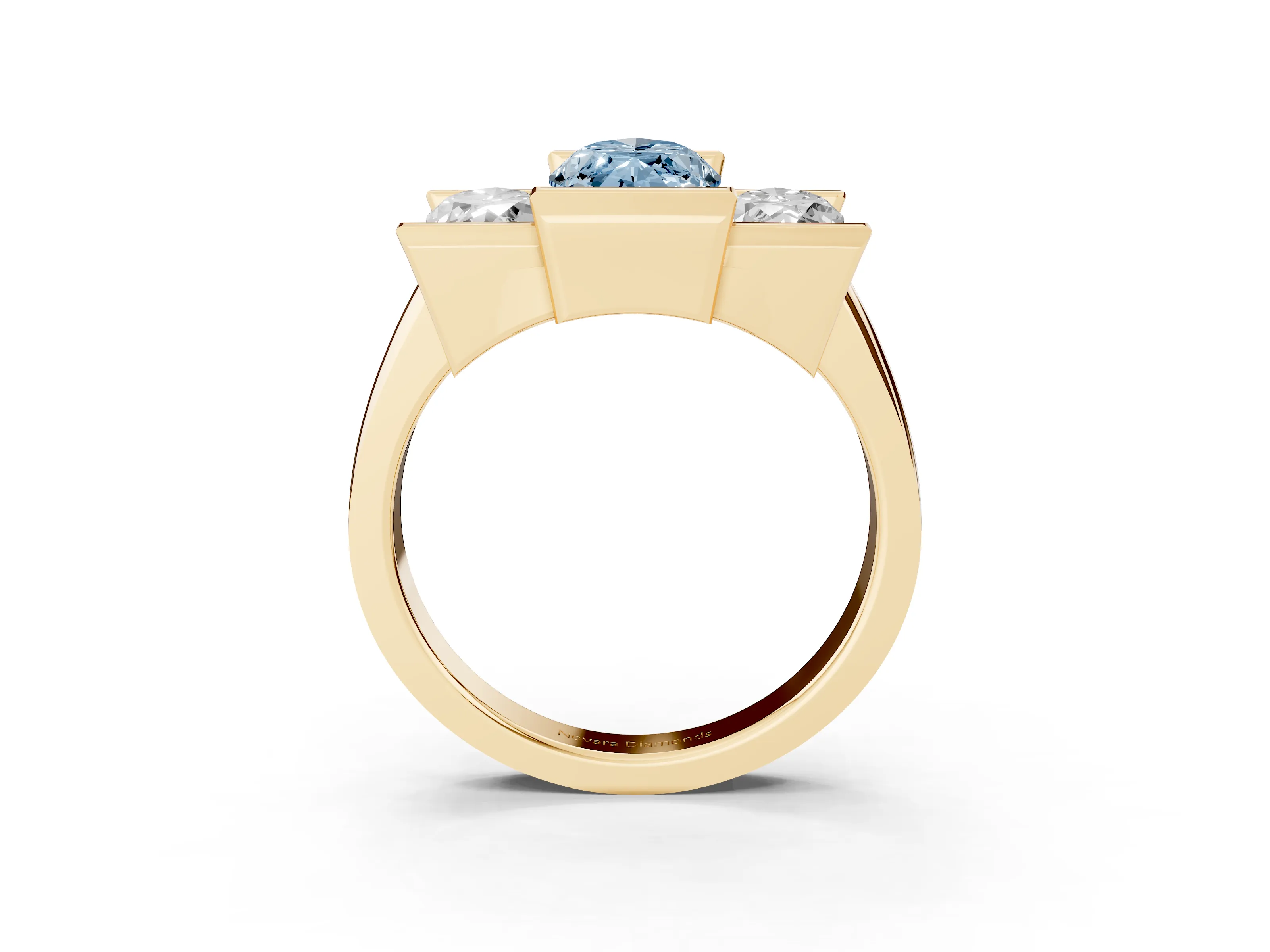 Fancy Blue Marquise Cut Diamond Three-Stone Channel Set Ring Set in Yellow gold with Smooth Polished Band