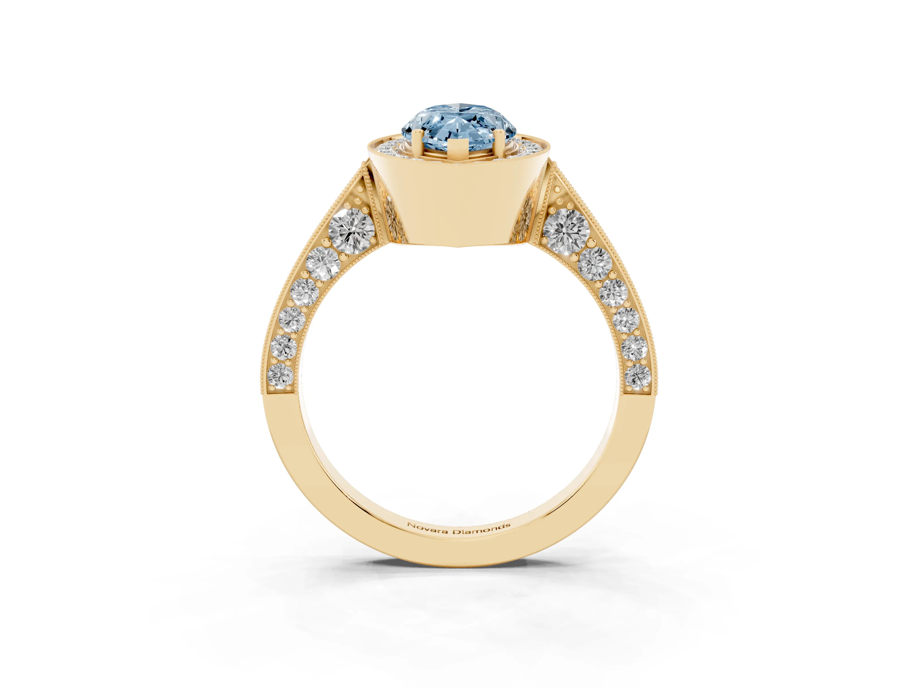 Fancy Blue Marquise Cut Diamond Halo Engagement Ring Set in Yellow gold with Accent Split Shank Band