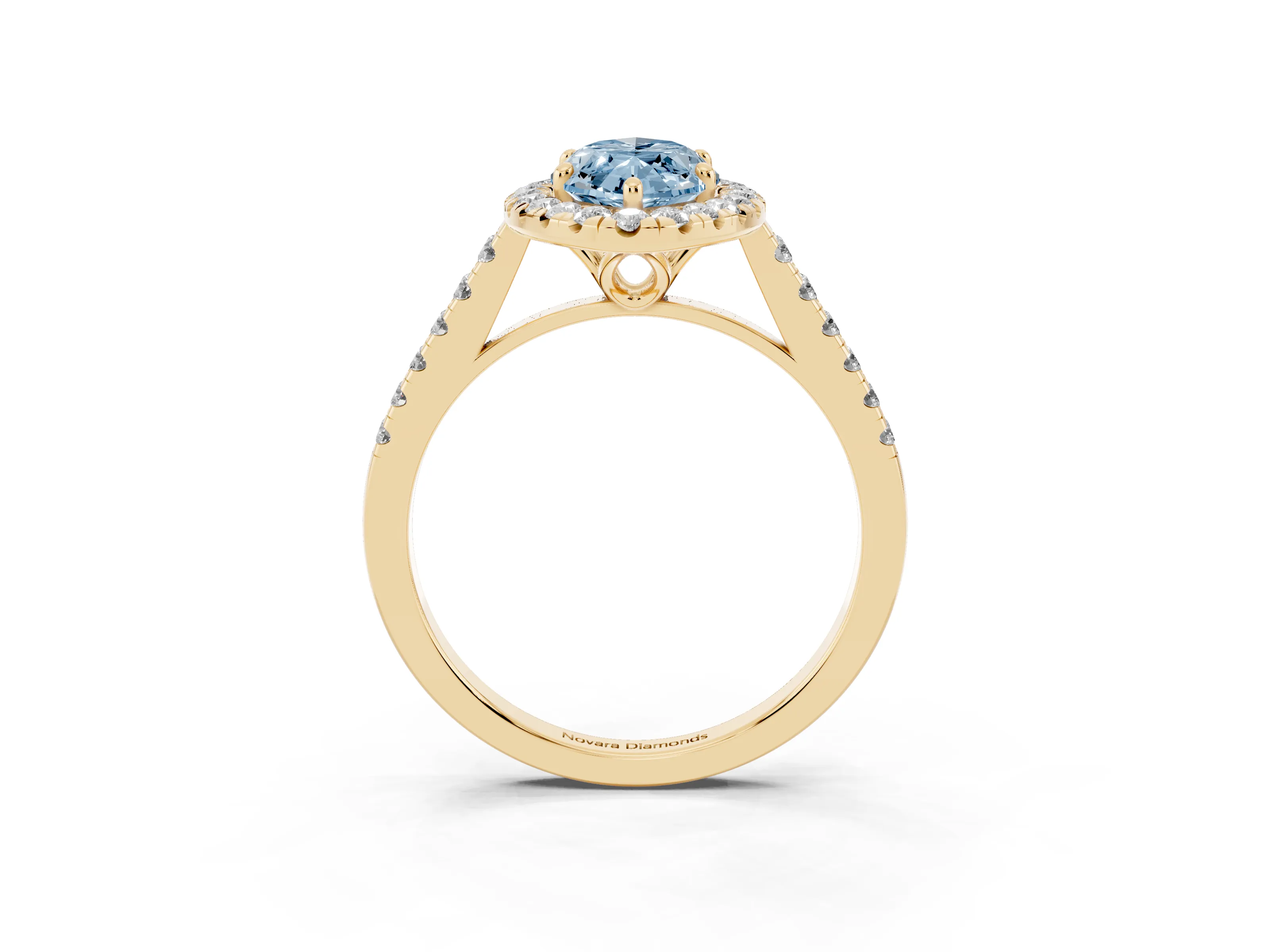 Fancy Blue Marquise Cut Diamond Pavé Halo Engagement Ring Set in Yellow gold with Pavé Band and Prong Setting