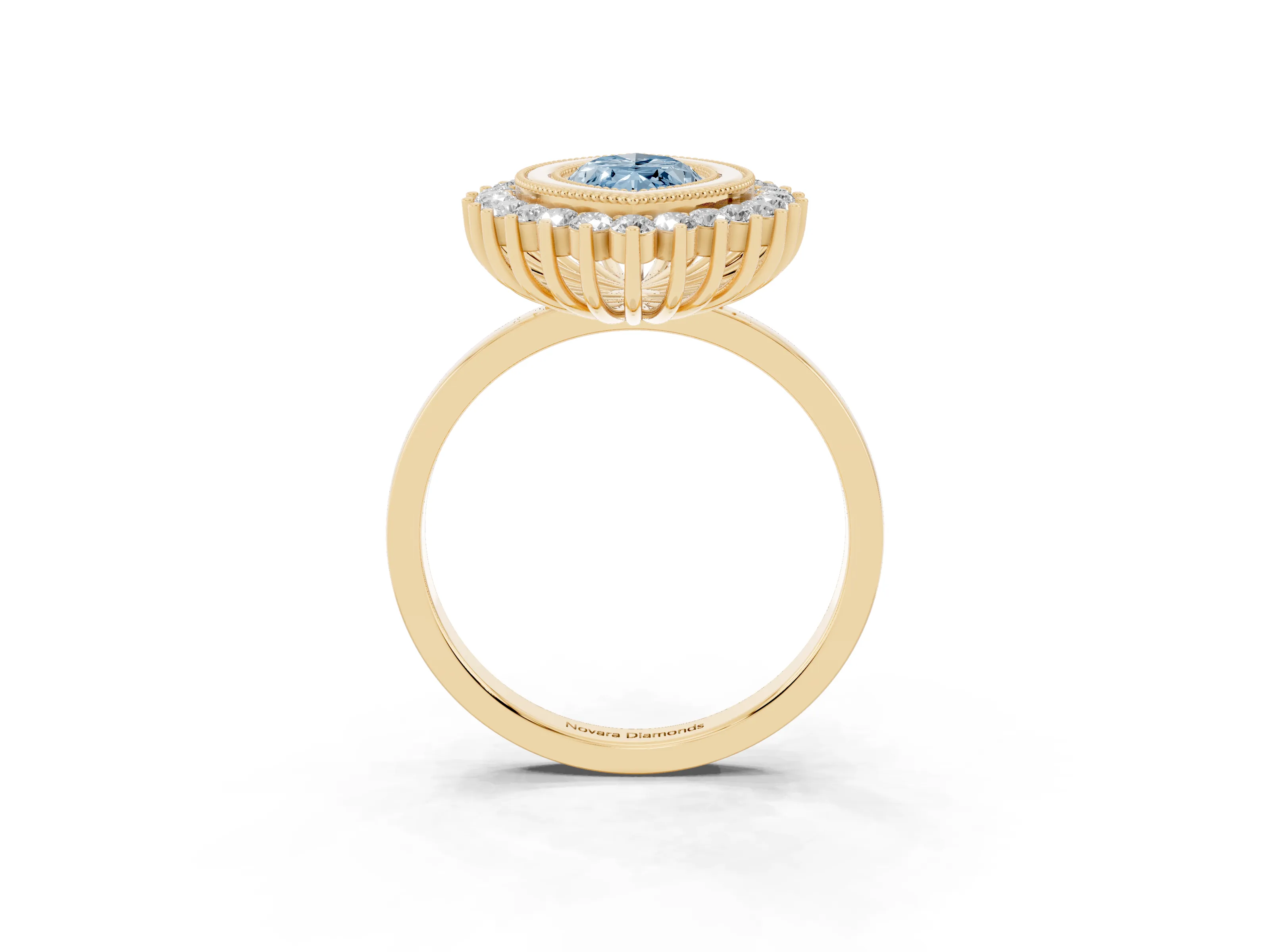 Fancy Blue Marquise Cut Diamond Halo Ring Set in Yellow gold with Milgrain Edge and Round Prong Setting