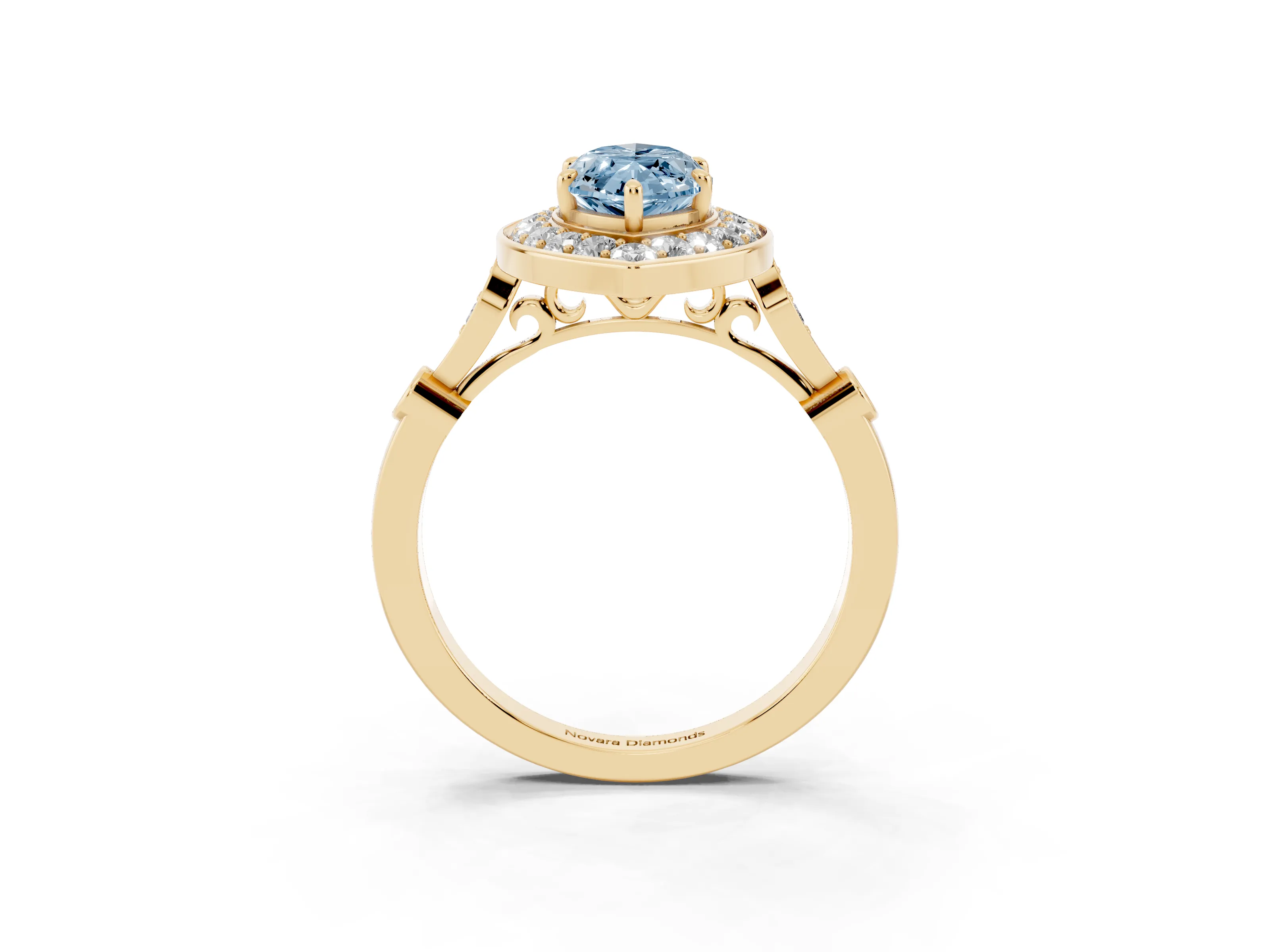 Fancy Blue Marquise Cut Diamond Halo Engagement Ring Set in Yellow gold with Twisted Band and Prong Setting