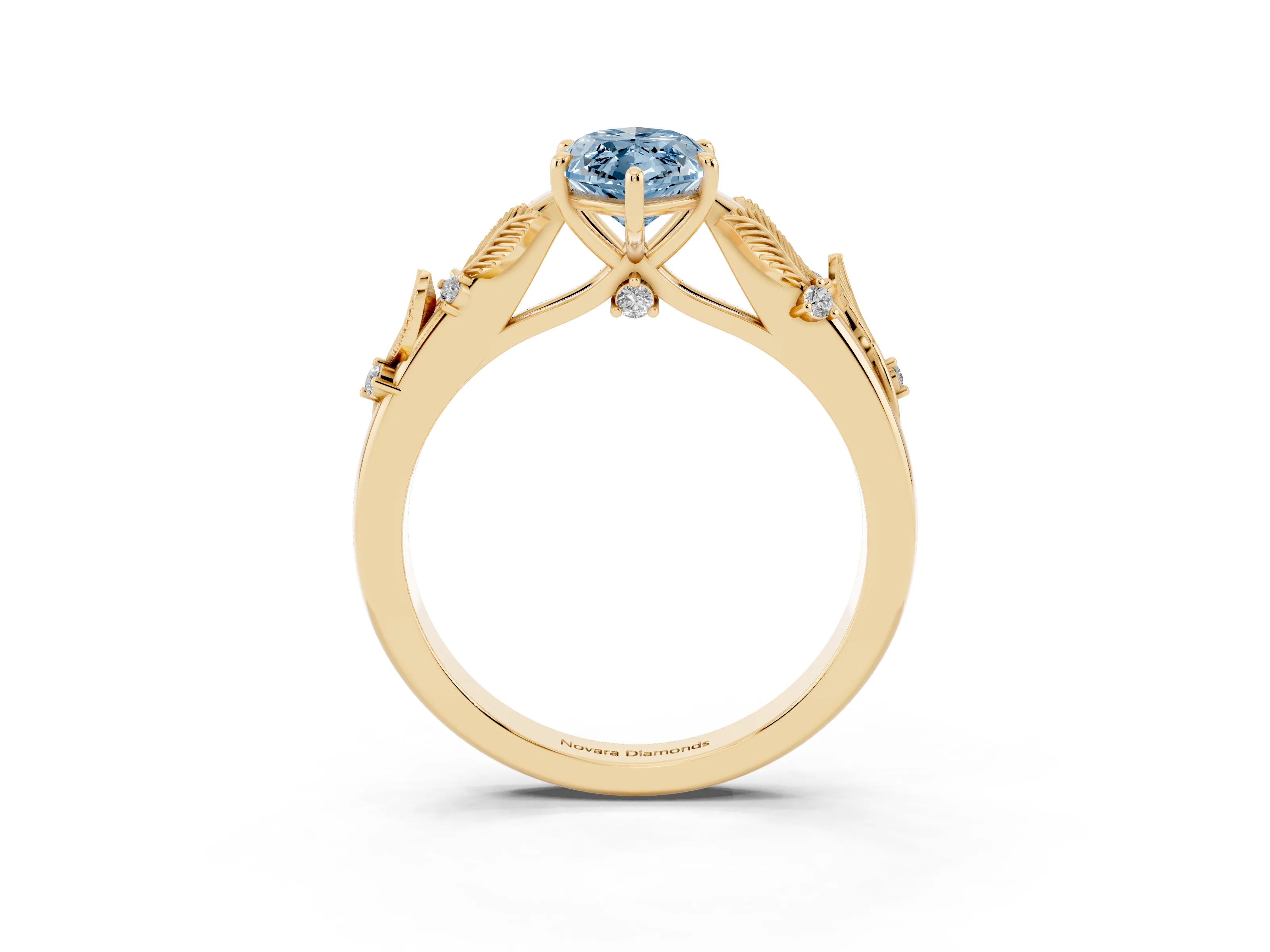 Fancy Blue Marquise Cut Diamond Solitaire Ring Set in Yellow gold with Leaf Motif Band