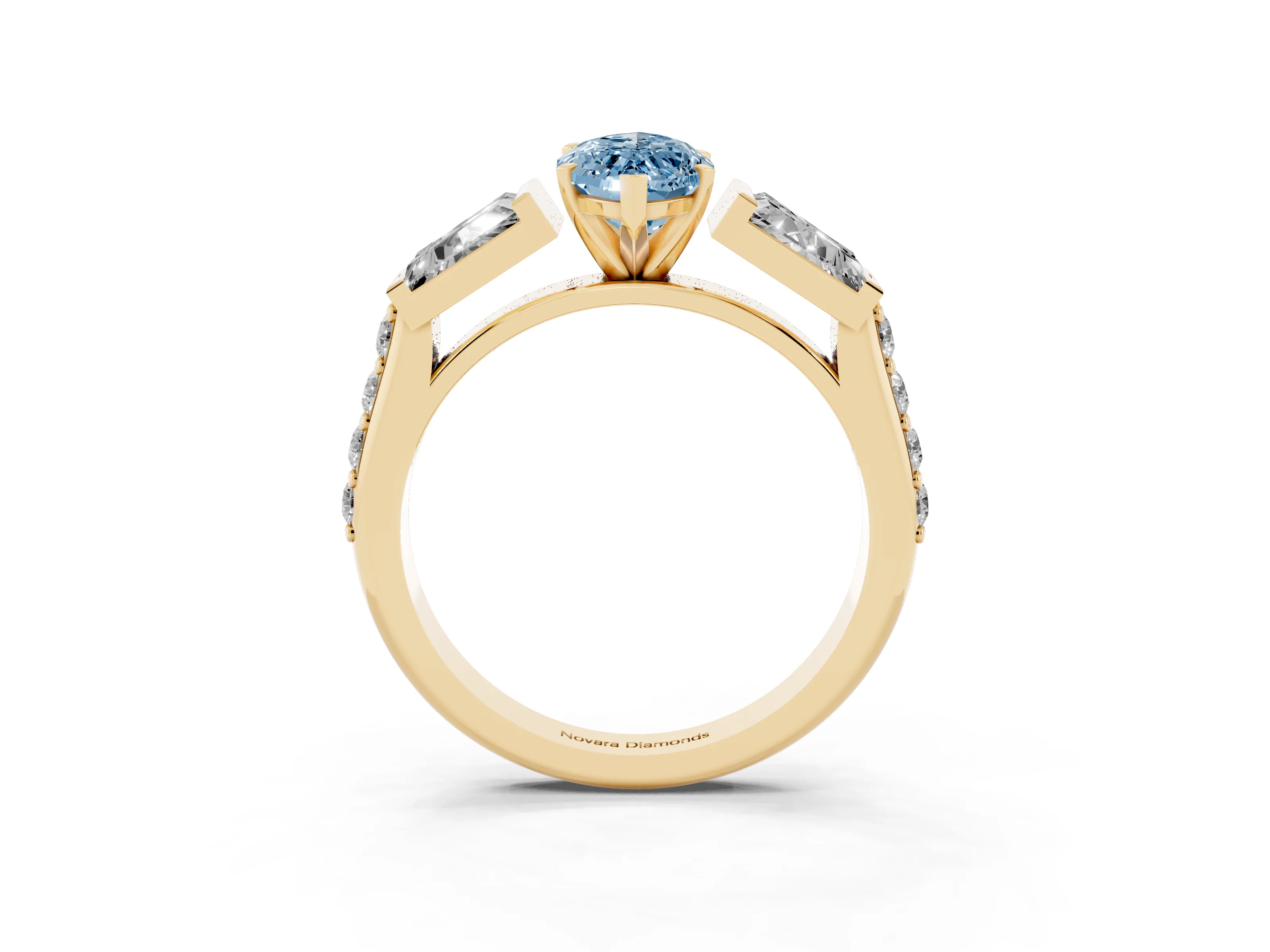 Fancy Blue Marquise Cut Diamond Engagement Ring Set in Yellow gold with Baguette Side Stones and Channel Set Band