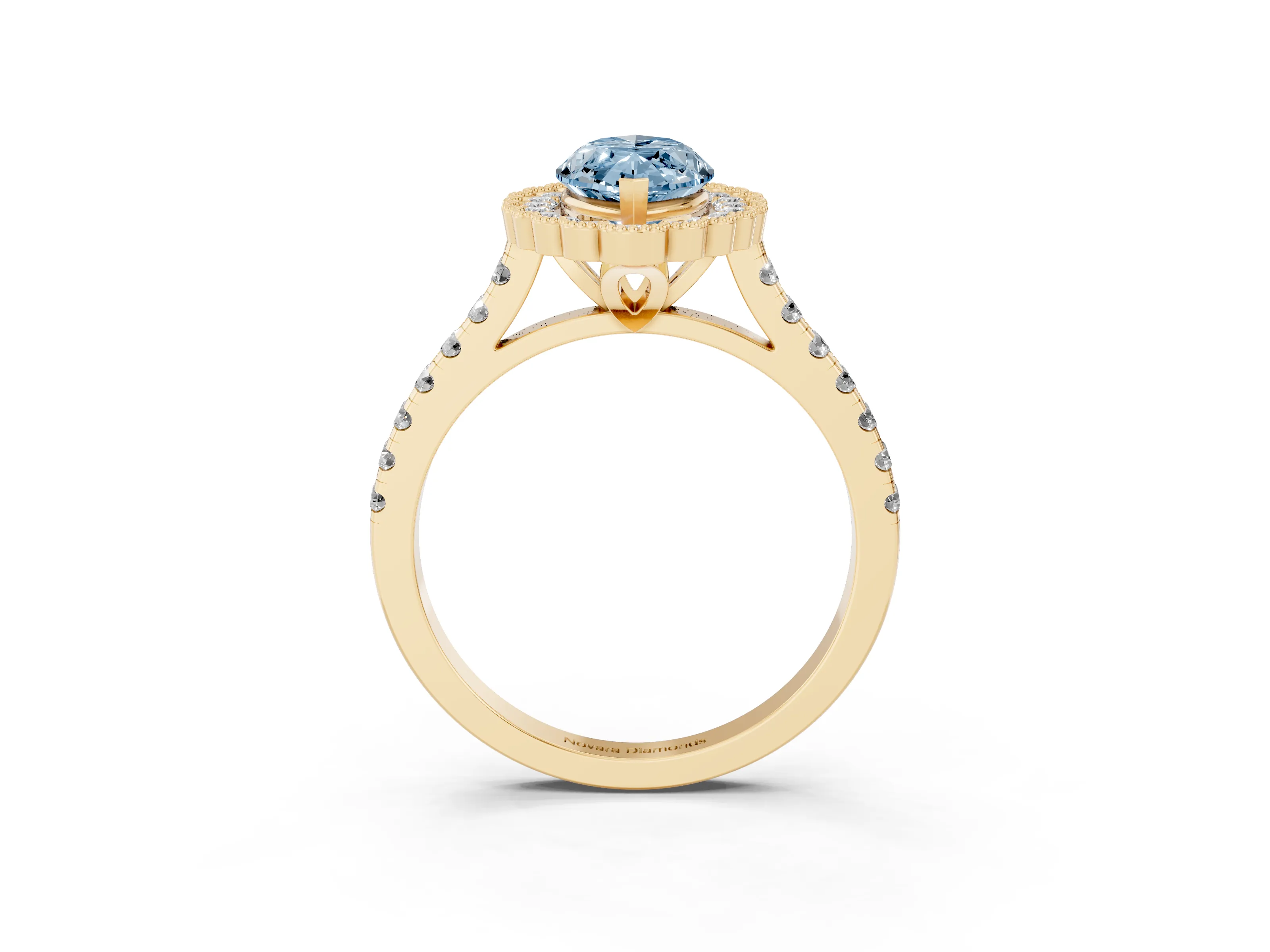 Fancy Blue Marquise Cut Diamond Milgrain Floral Halo Engagement Ring Set in Yellow gold with Pavé Band