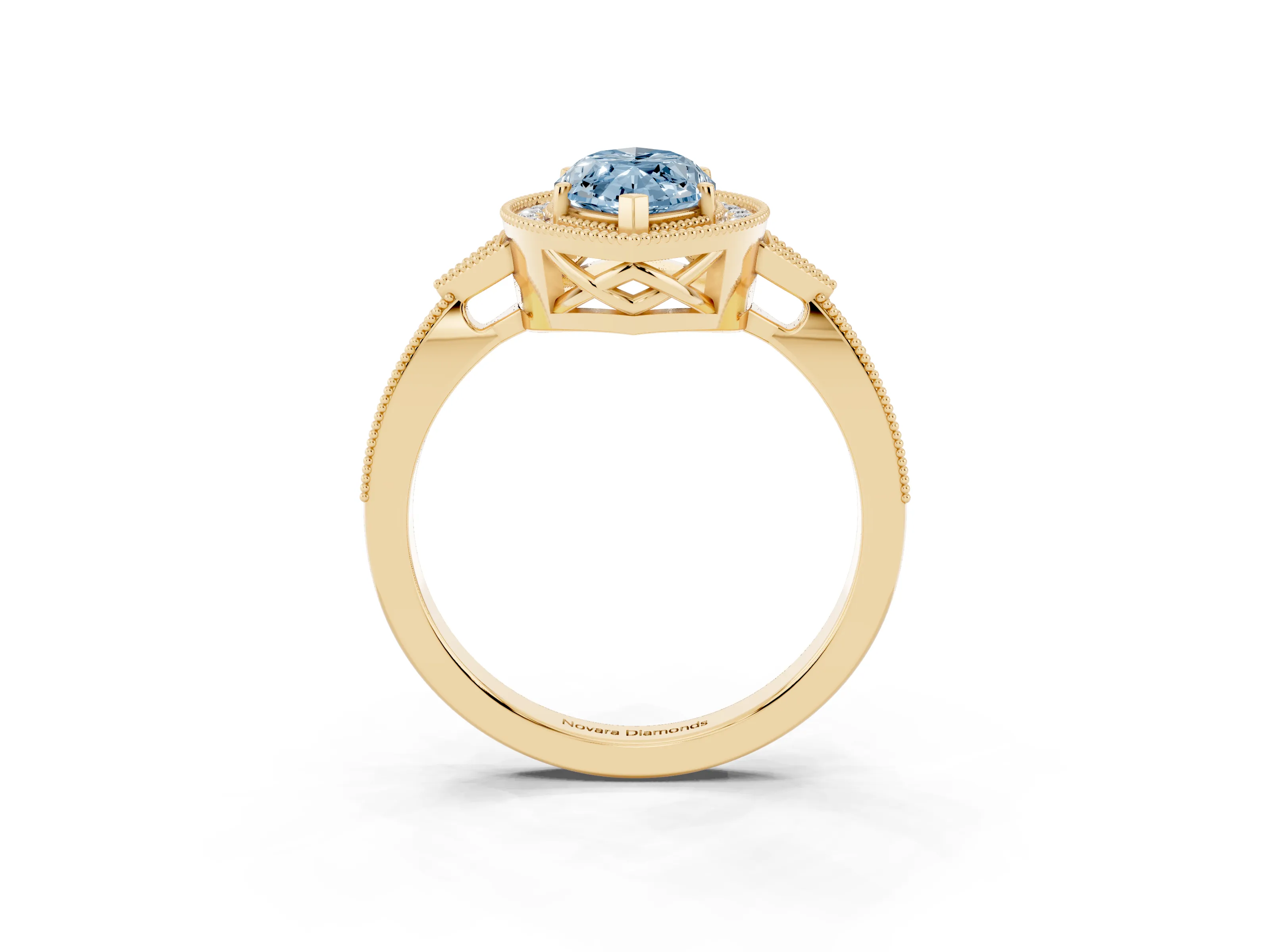 Fancy Blue Marquise Cut Diamond Halo Engagement Ring Set in Yellow gold with Milgrain Pavé Band