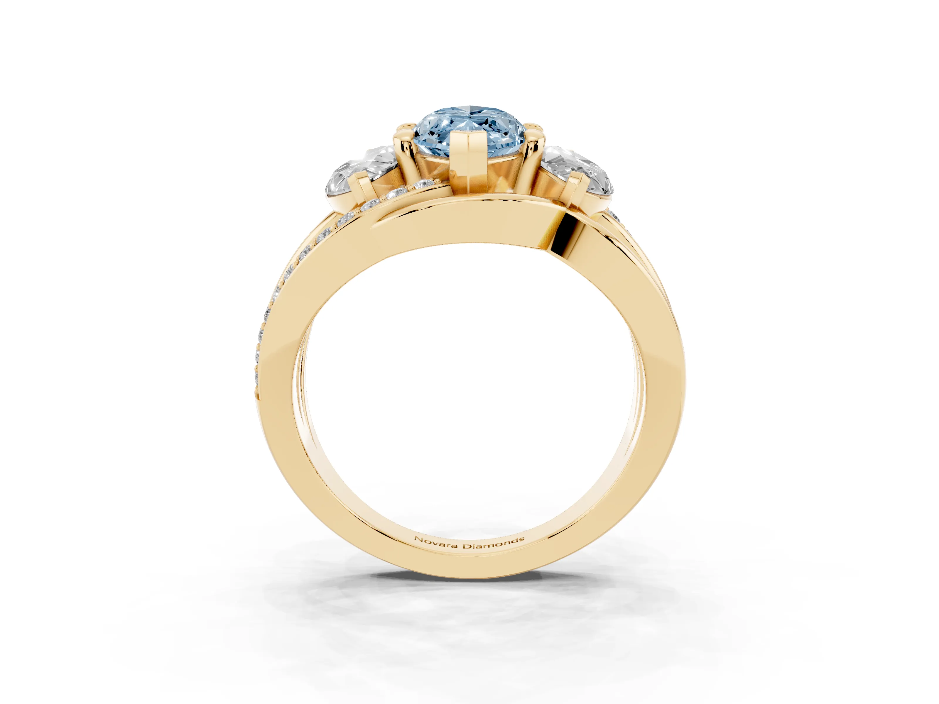 Fancy Blue Marquise Cut Diamond Three-Stone Ring Set in Yellow gold with Split Shank and Prong Setting
