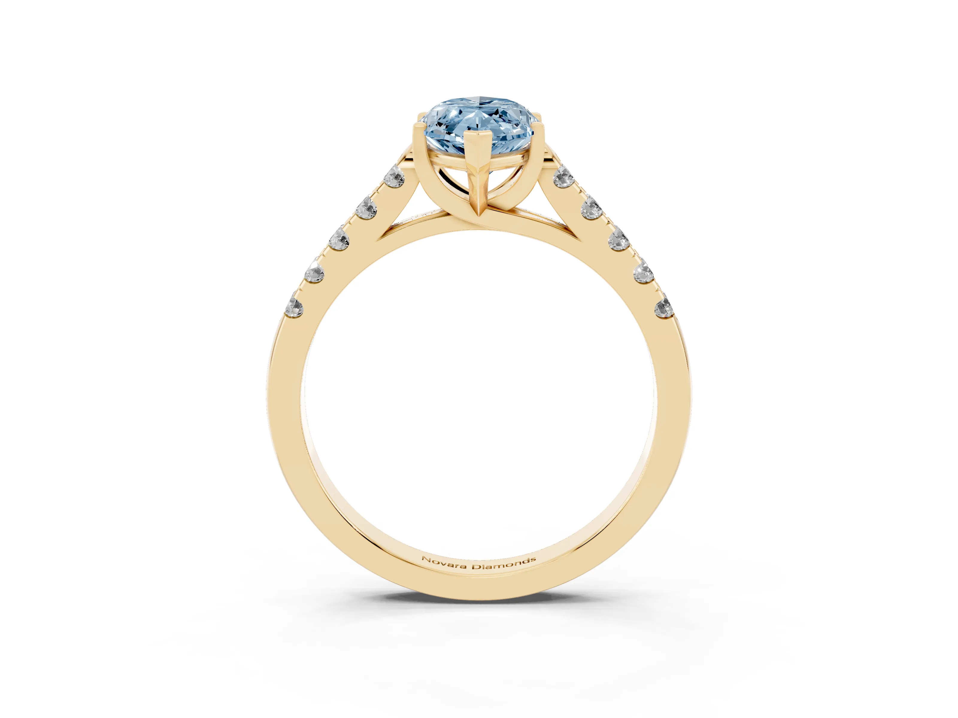 Fancy Blue Marquise Cut Diamond Pavé Band Solitaire Ring Set in Yellow gold with Partway Accent Stones and Prong Setting