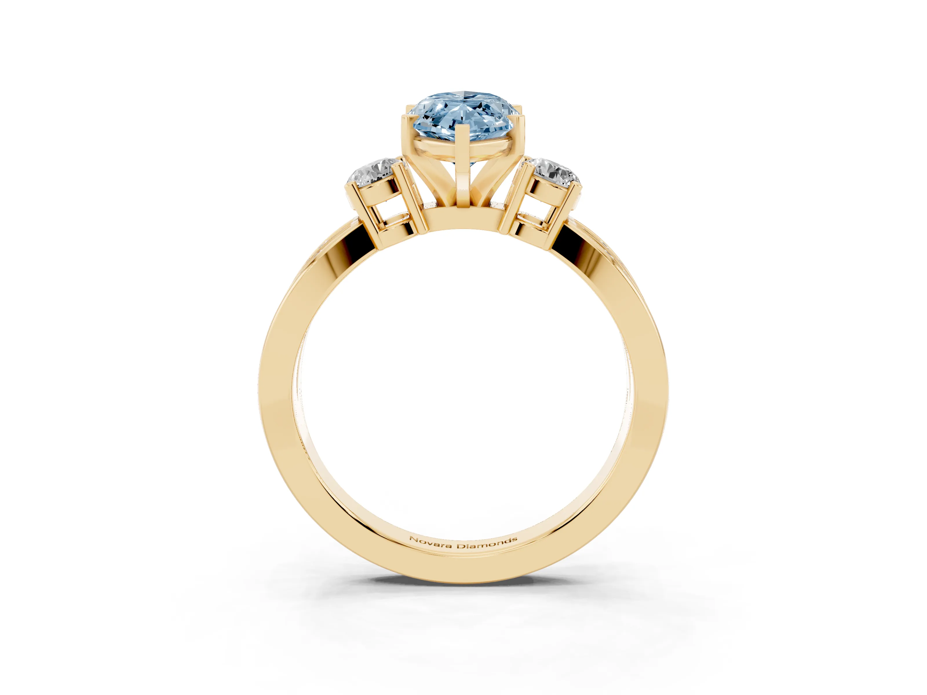 Fancy Blue Three-Stone Marquise Cut Diamond Twist Band Ring Set in Yellow gold with Pavé Accents and Prong Setting
