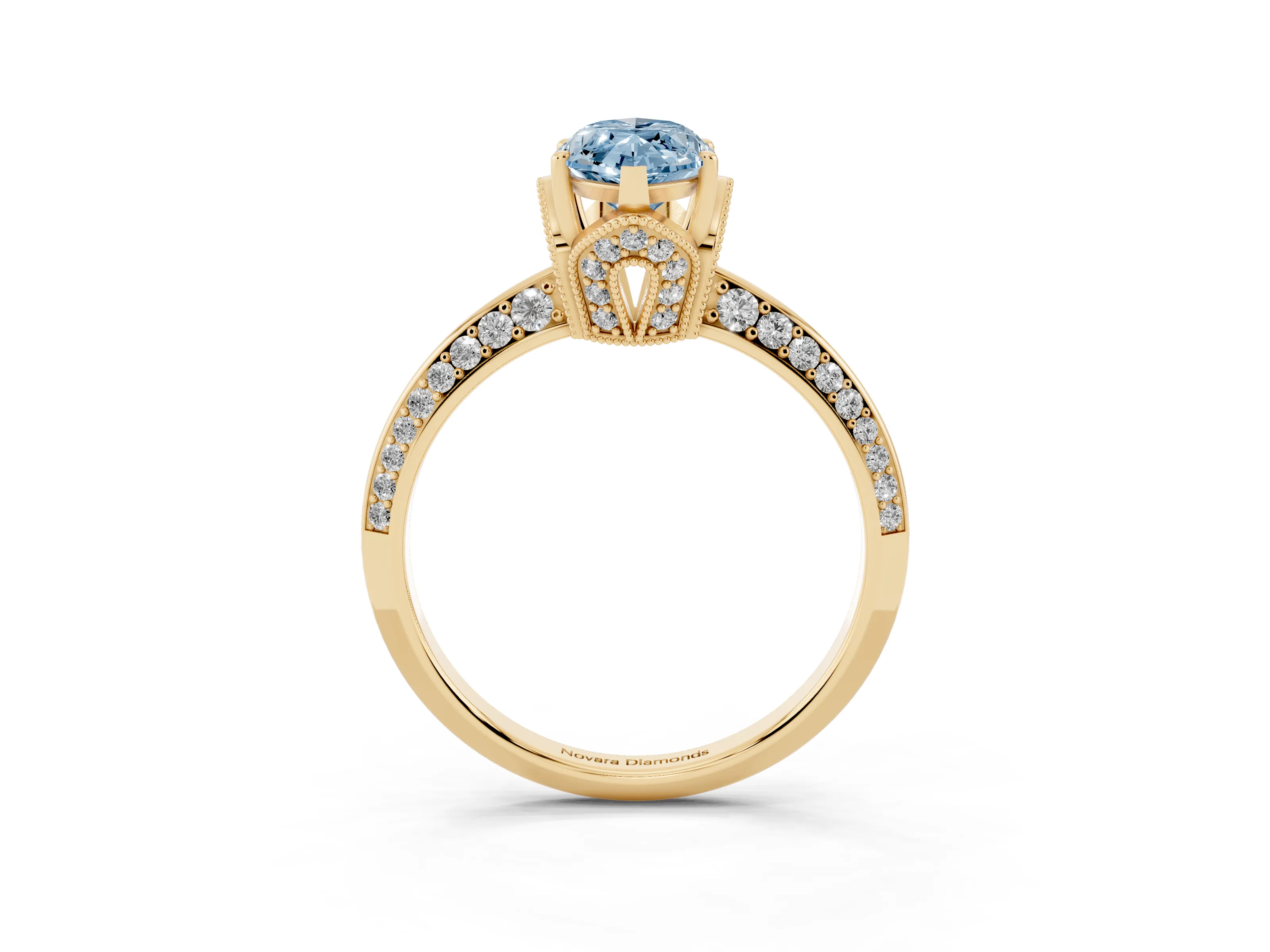 Fancy Blue Marquise Cut Diamond Solitaire Engagement Ring Set in Yellow gold with Pavé Split Shank and Prong Setting