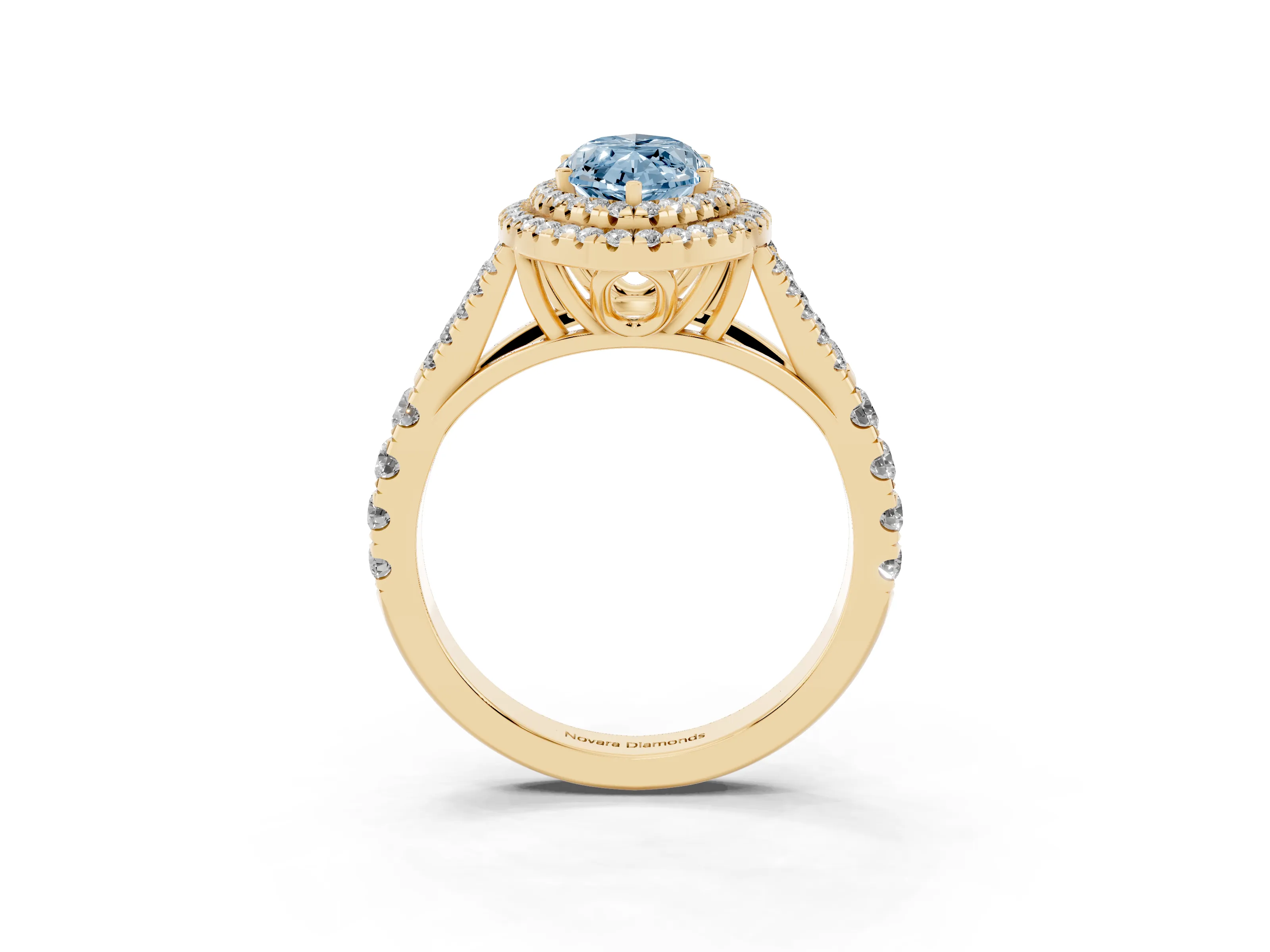 Fancy Blue Marquise Cut Diamond Pavé Split Shank Double Halo Engagement Ring Set in Yellow gold