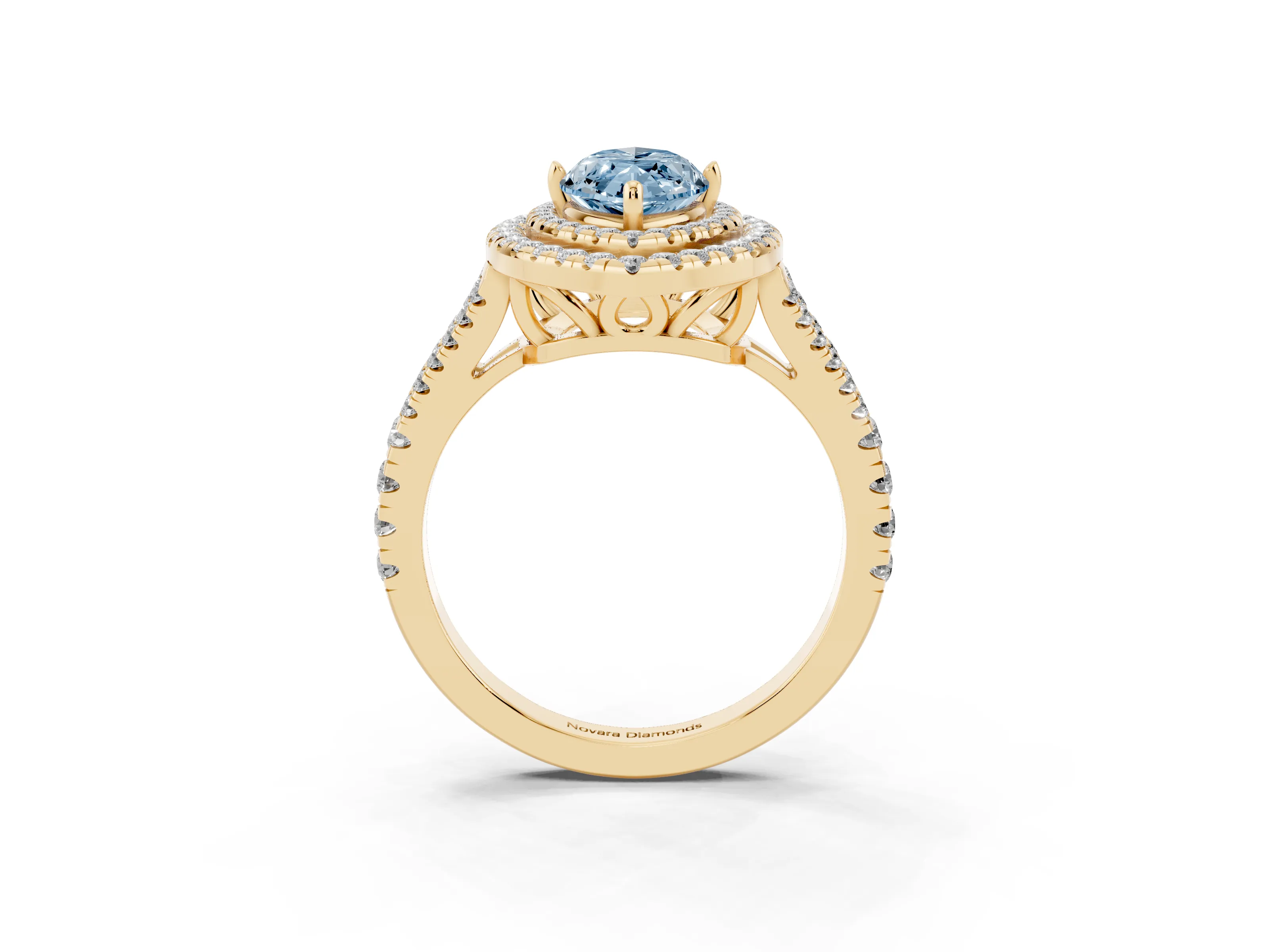 Fancy Blue Marquise Cut Diamond Double Halo Ring Set in Yellow gold with Pavé Band