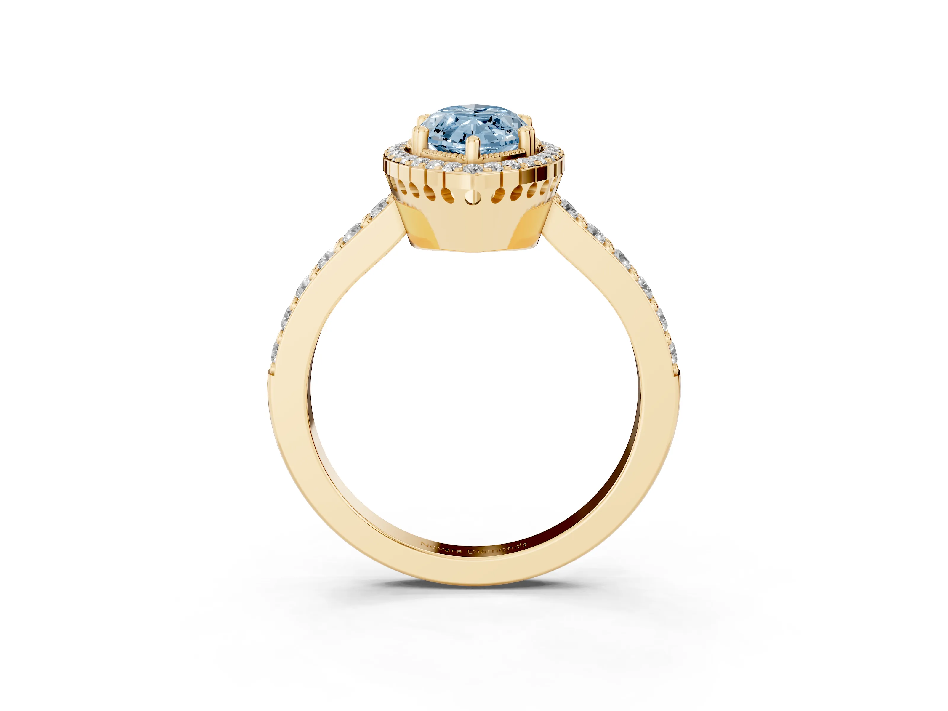 Fancy Blue Marquise Cut Diamond Halo Engagement Ring Set in Yellow gold with Milgrain Detail and Pavé Band