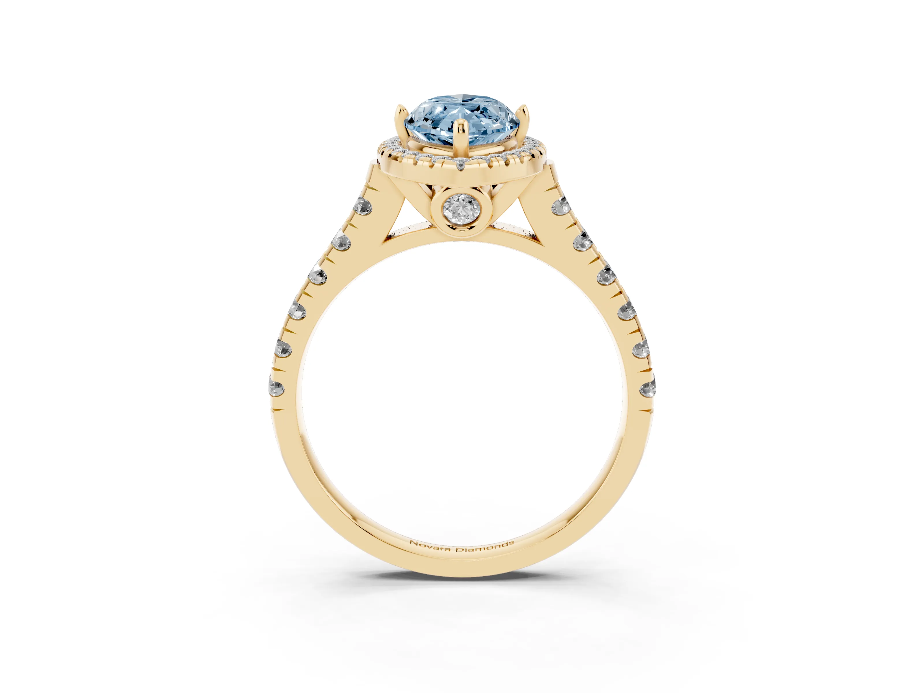 Fancy Blue Marquise Cut Diamond Halo Engagement Ring Set in Yellow gold with Pavé Band and Prong-Set Center