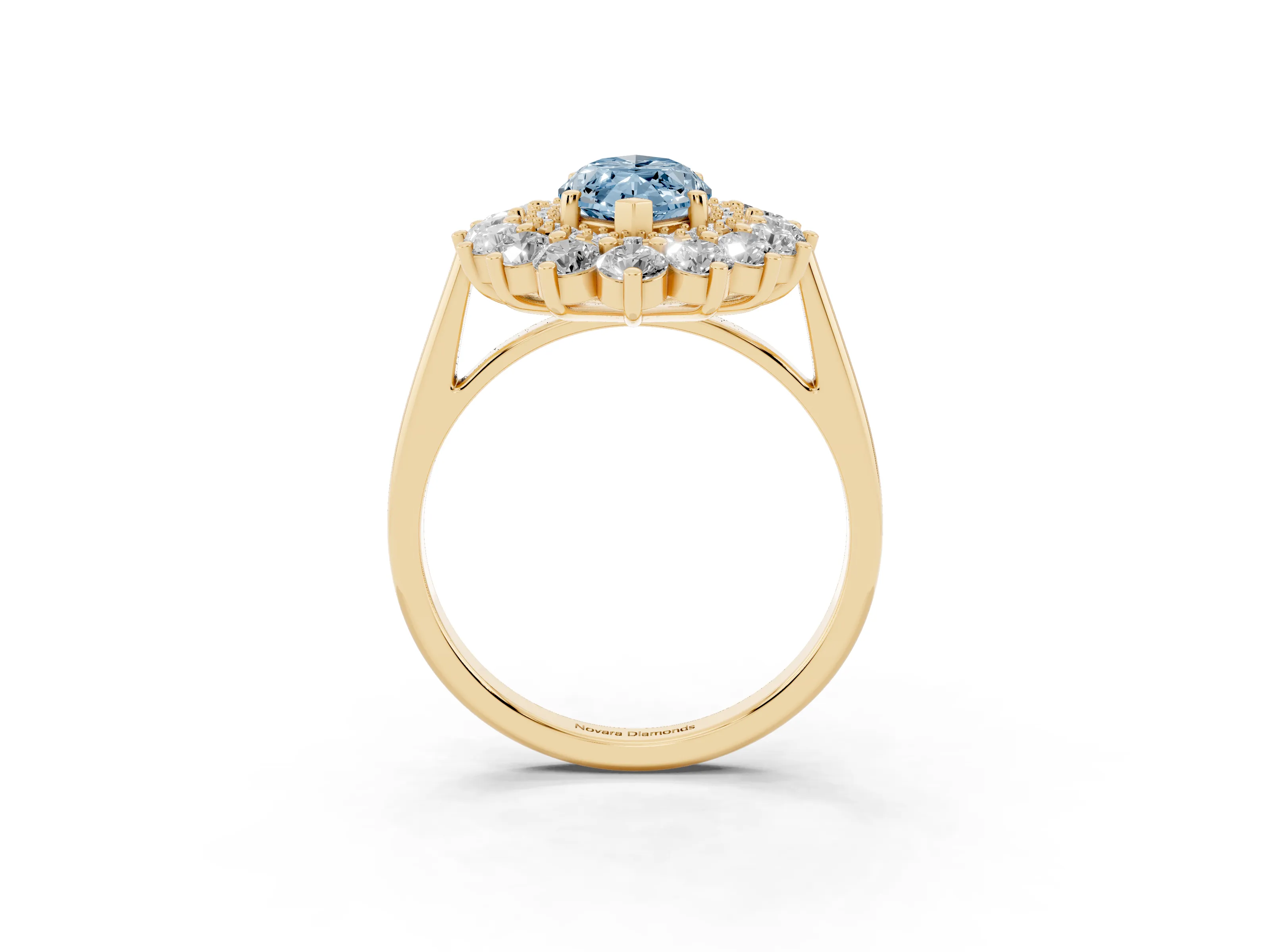Fancy Blue Marquise Cut Diamond Floral Double Halo Ring Set in Yellow gold with Round Petals