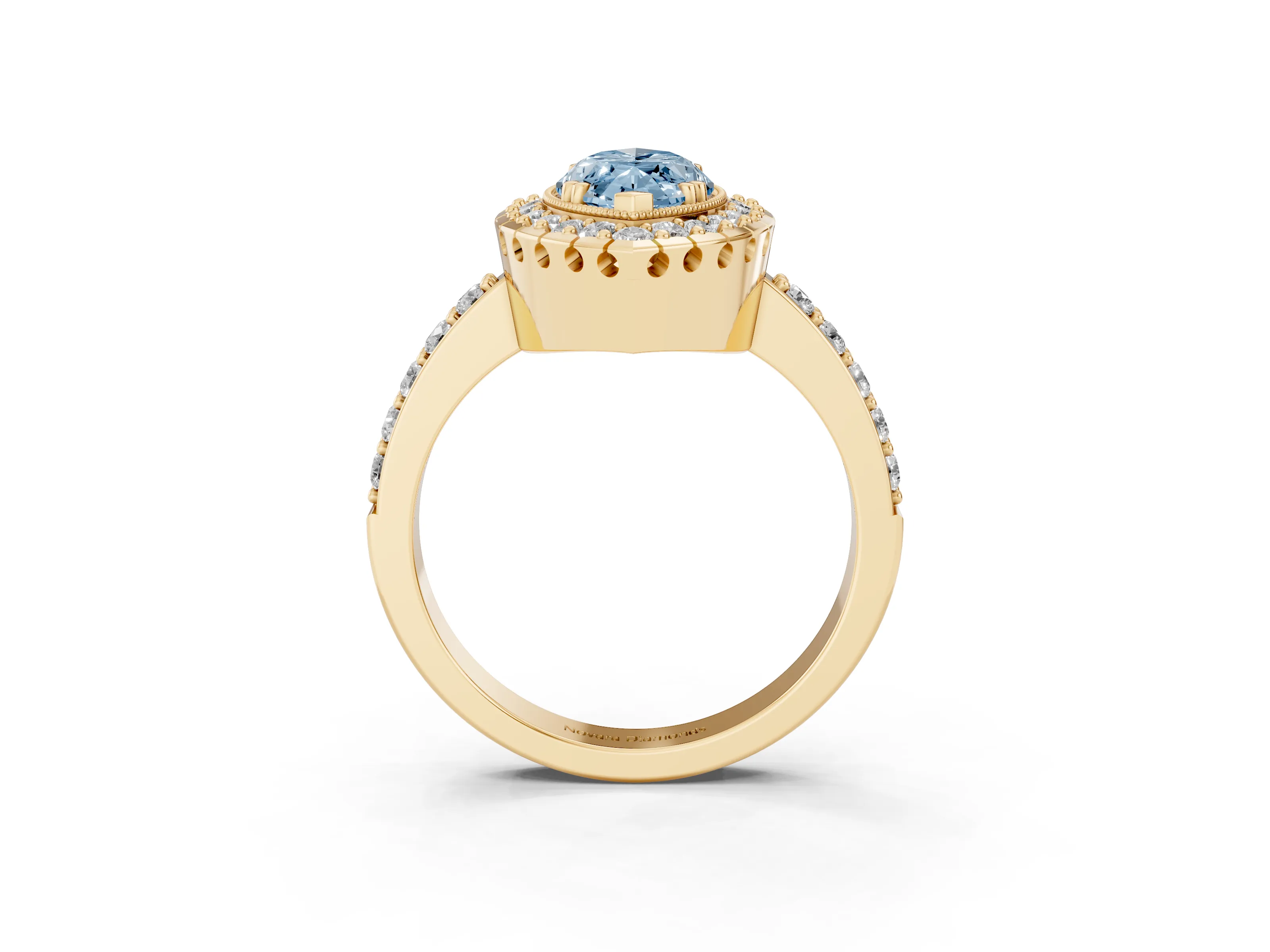 Fancy Blue Marquise Cut Diamond Halo Ring Set in Yellow gold with Pavé Shank and Prong Setting