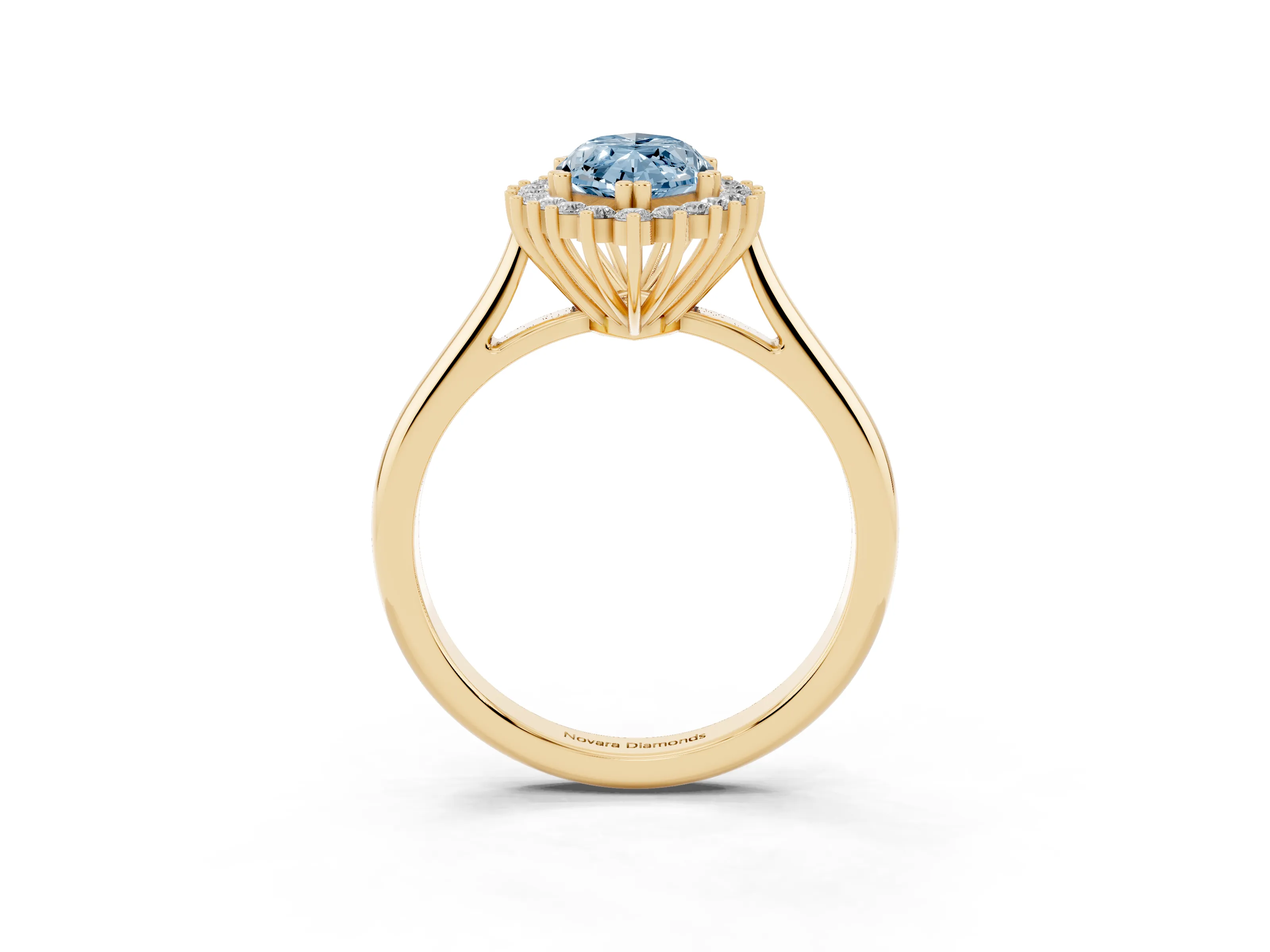Fancy Blue Marquise Cut Diamond Halo Ring Set in Yellow gold with Plain Solitaire Band and Prong Setting