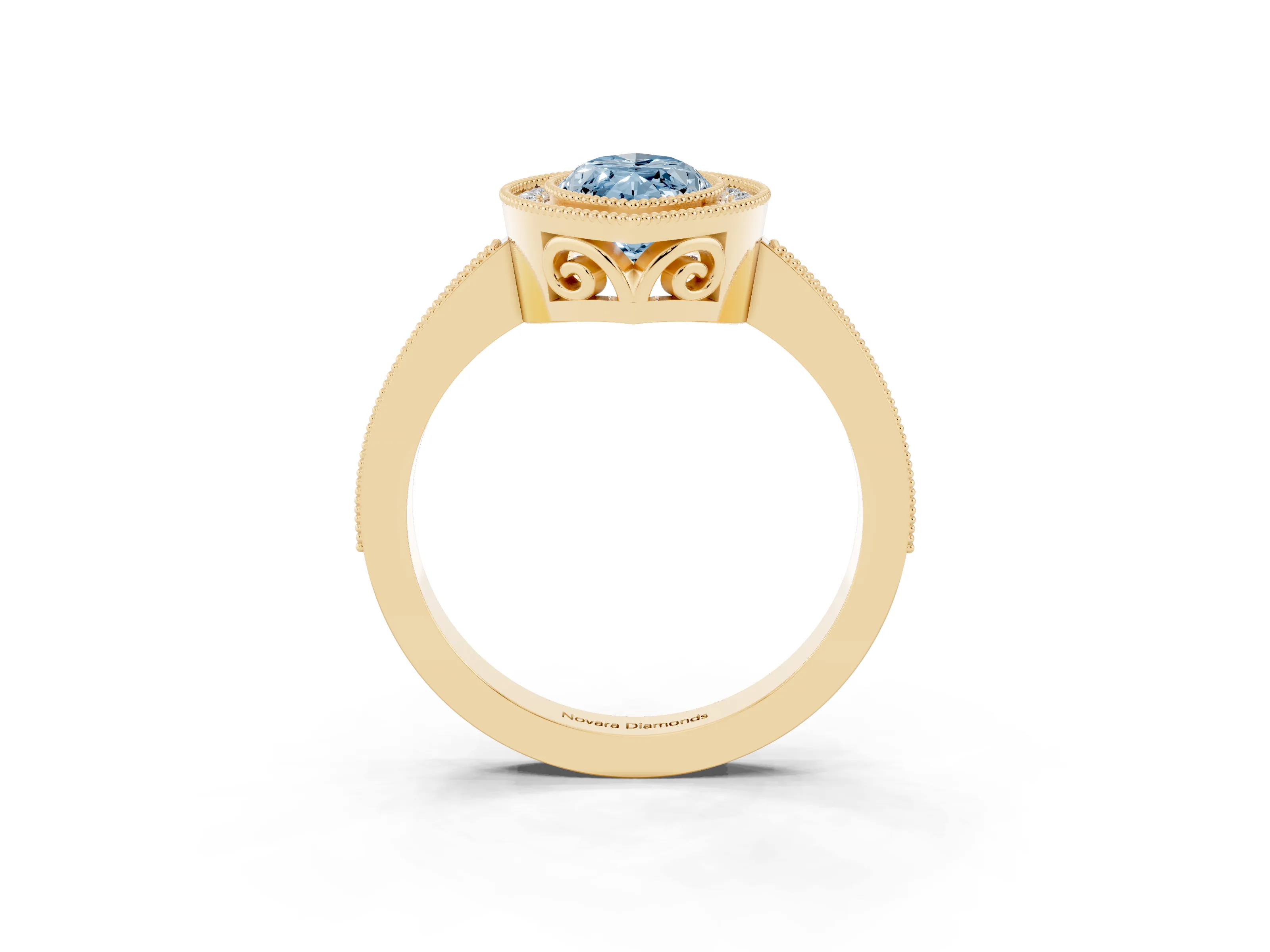 Fancy Blue Marquise Cut Diamond Halo Ring Set in Yellow gold with Pavé Band and Milgrain-Edged Prongs