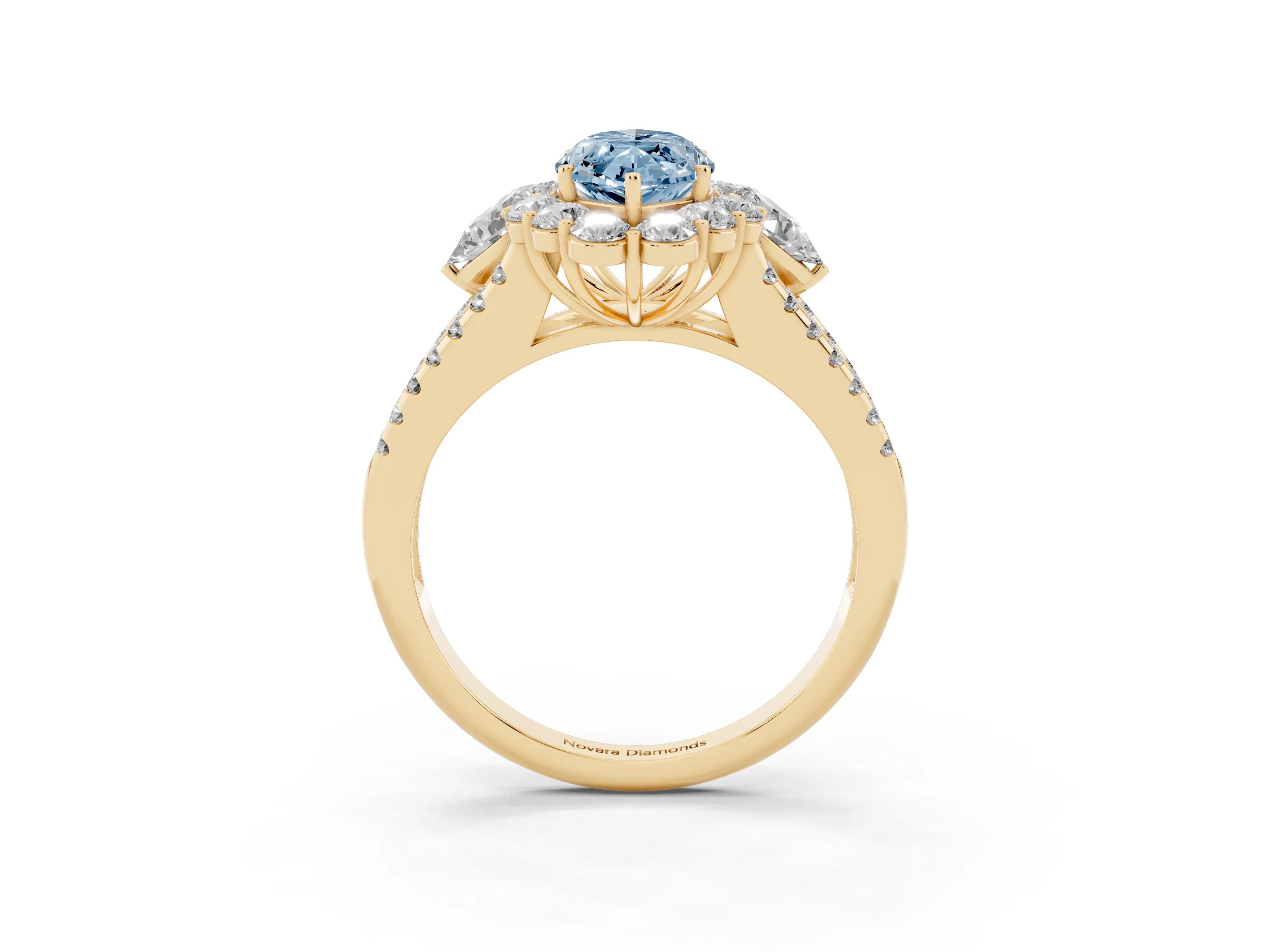 Fancy Blue Marquise Cut Diamond Halo Split Shank Engagement Ring Set in Yellow gold with Prong-Held Center Stone