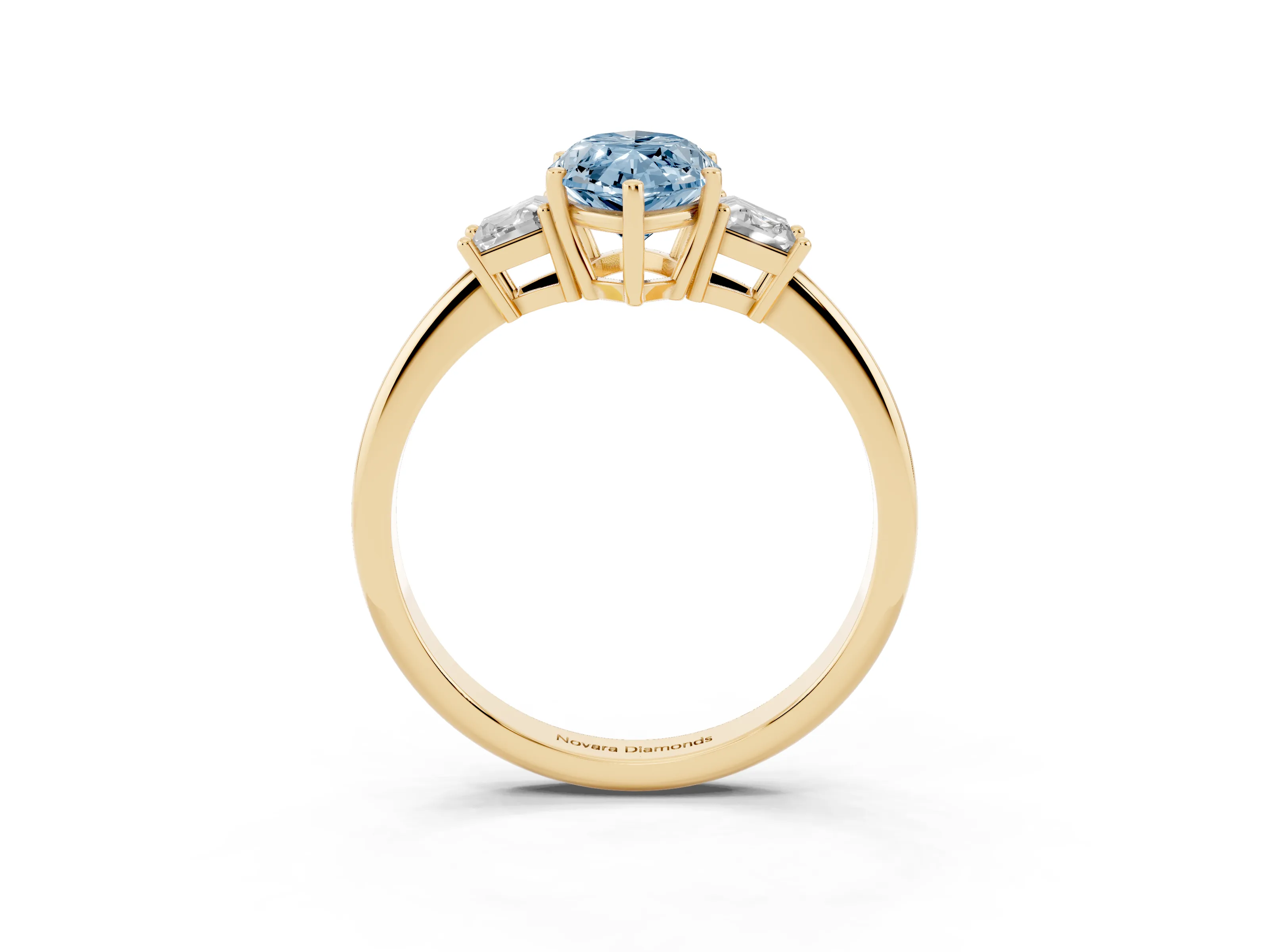 Fancy Blue Marquise Cut Diamond Three-Stone Ring Set in Yellow gold with Trapezoid Side Stones and Prong Setting