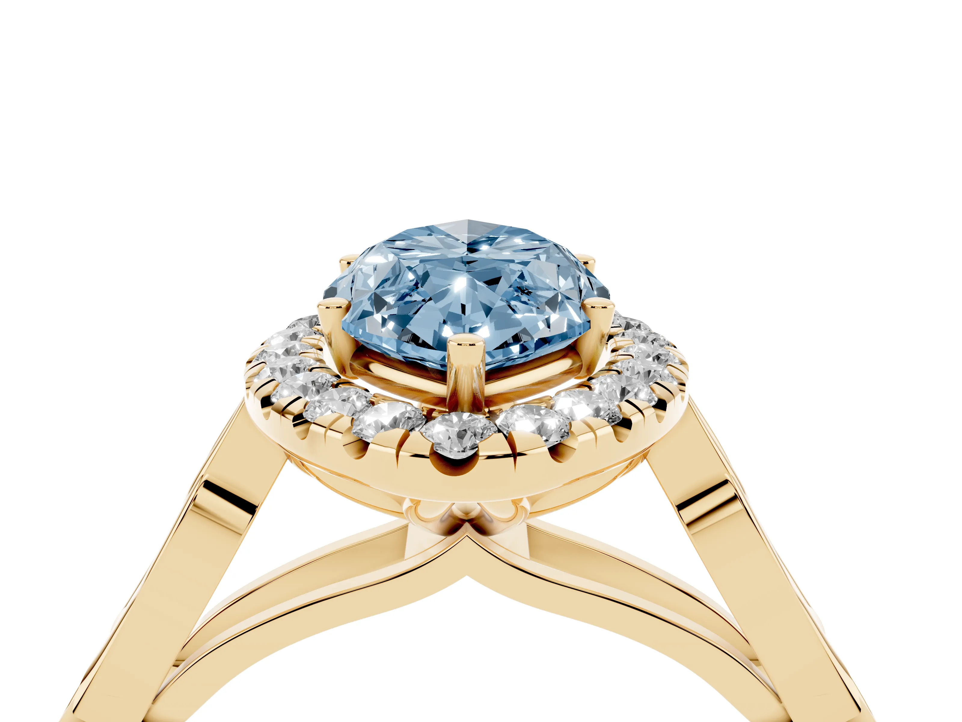 Fancy Blue Marquise Cut Diamond Halo Engagement Ring Set in Yellow gold with Filigree Band and Prong-Set Center