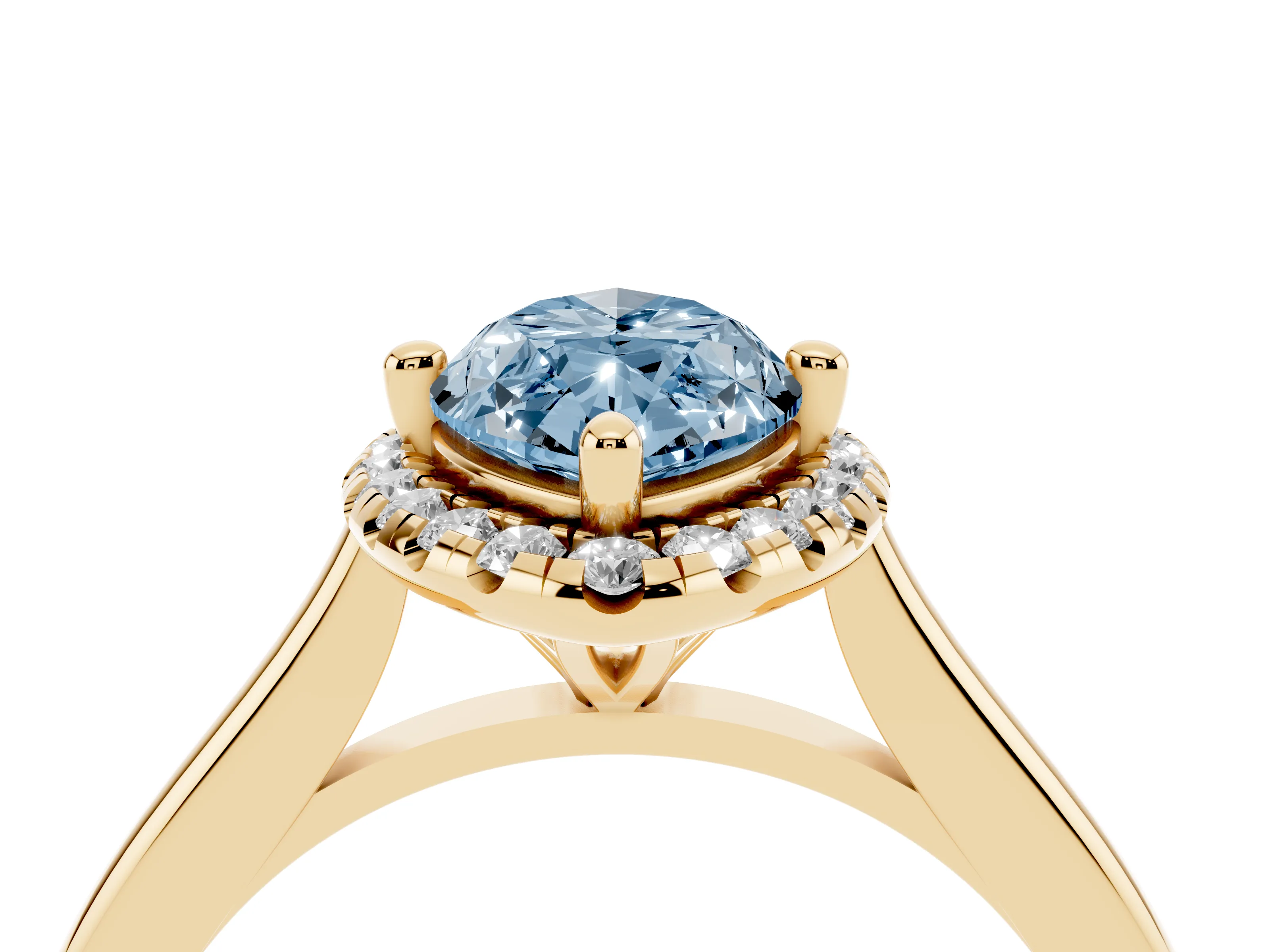 Fancy Blue Marquise Cut Diamond Halo Engagement Ring Set in Yellow gold with Pavé Band and Rising Shoulders