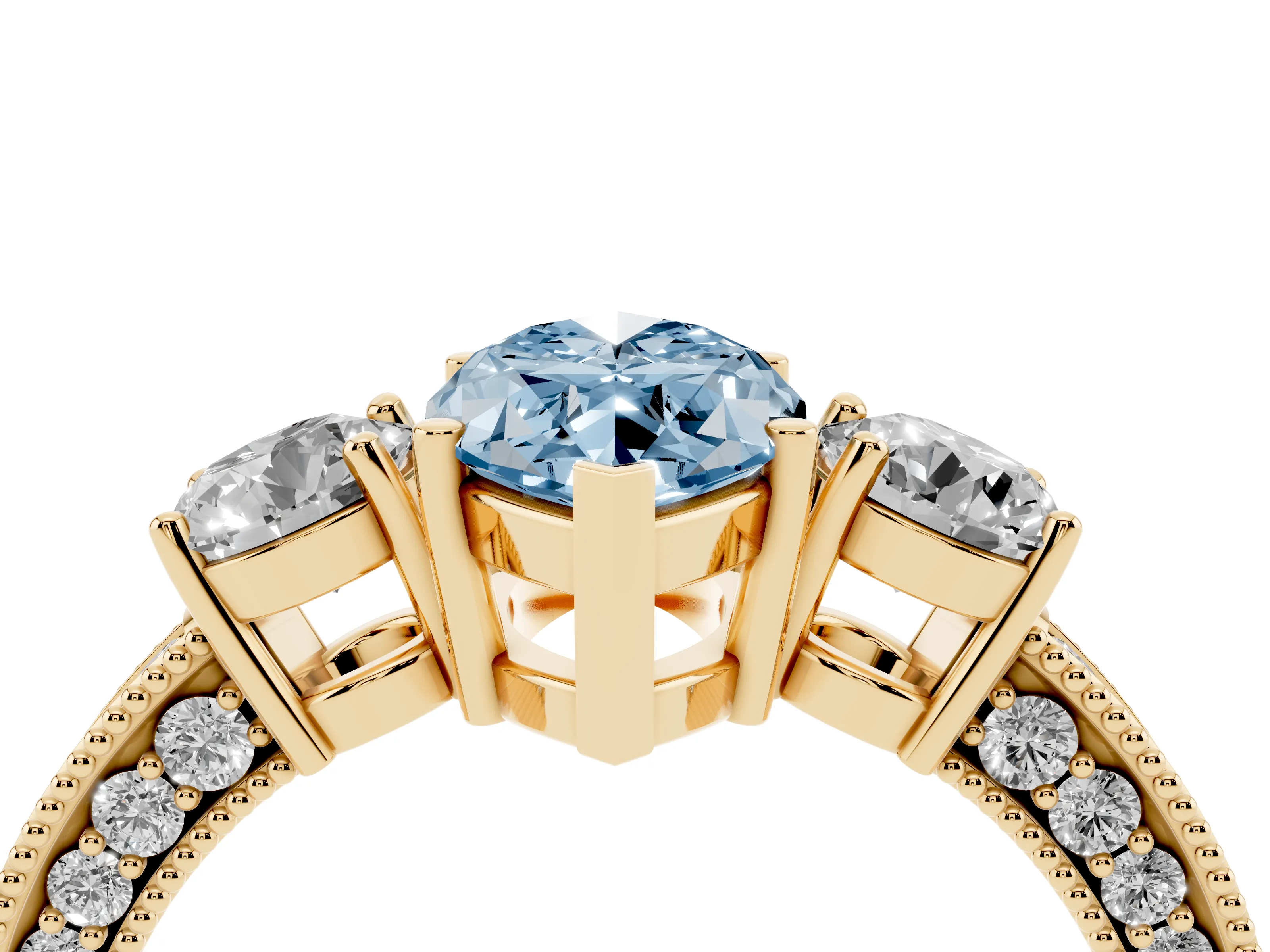 Fancy Blue Marquise Cut Diamond Three-Stone Ring Set in Yellow gold with Round Side Stones and Pavé Band