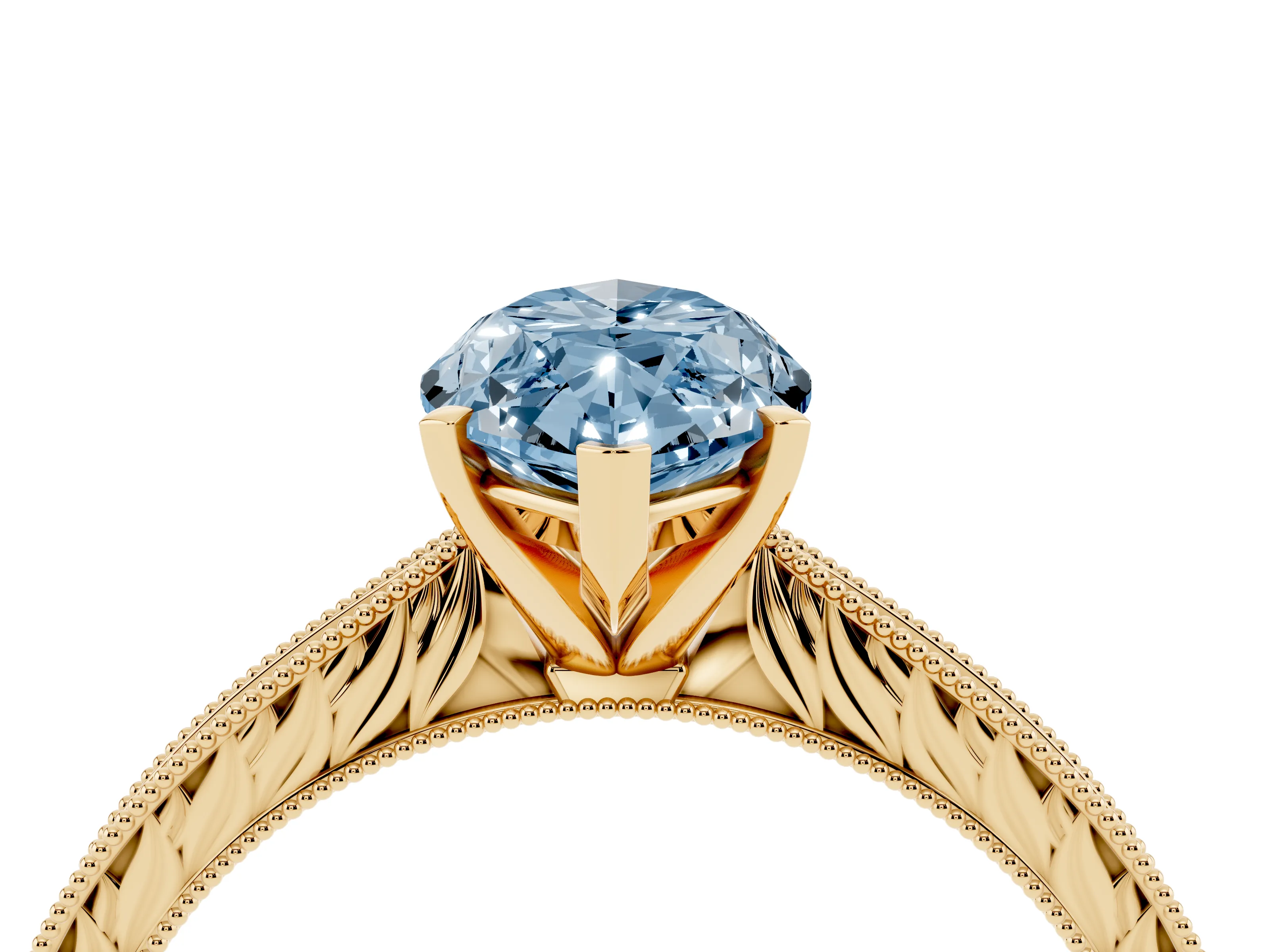 Fancy Blue Marquise Cut Diamond Solitaire Milgrain Engraved Band Set in Yellow gold with Prong Setting