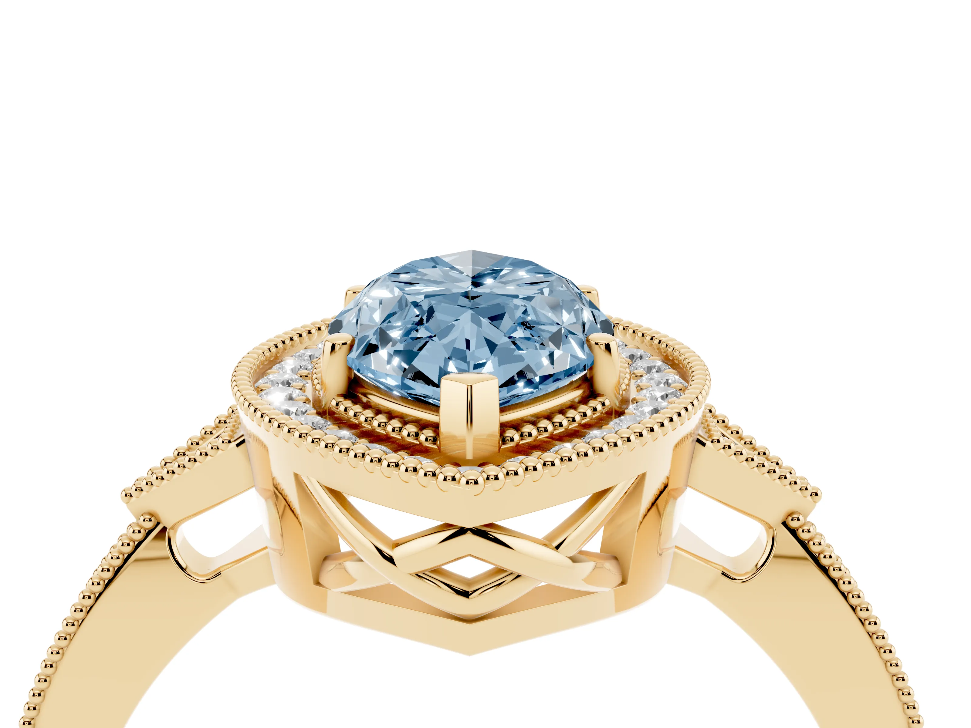 Fancy Blue Marquise Cut Diamond Halo Engagement Ring Set in Yellow gold with Milgrain Pavé Band