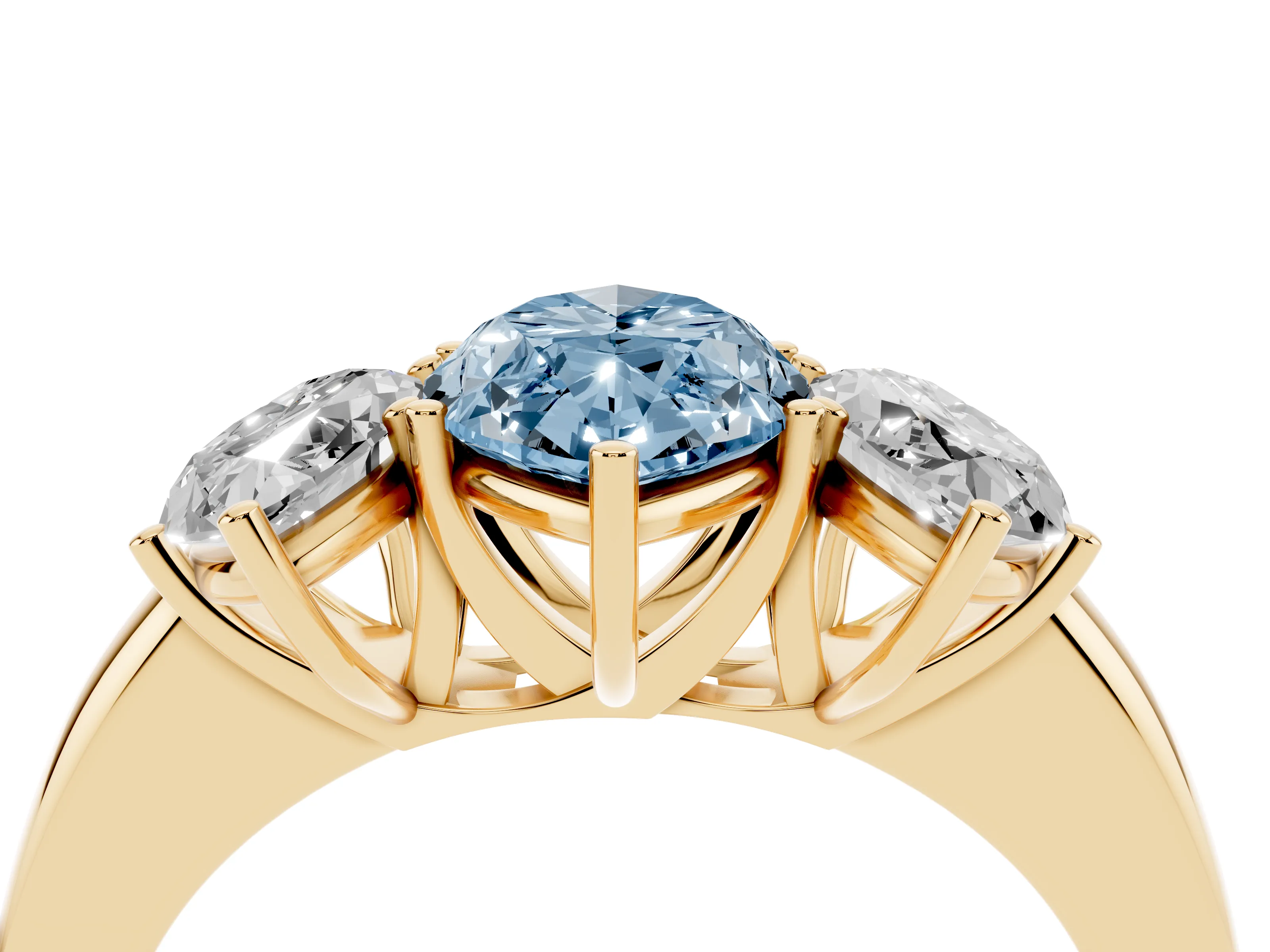 Fancy Blue Marquise Cut Diamond Three-Stone Ring Set in Yellow gold with Bold Center and Classic Band