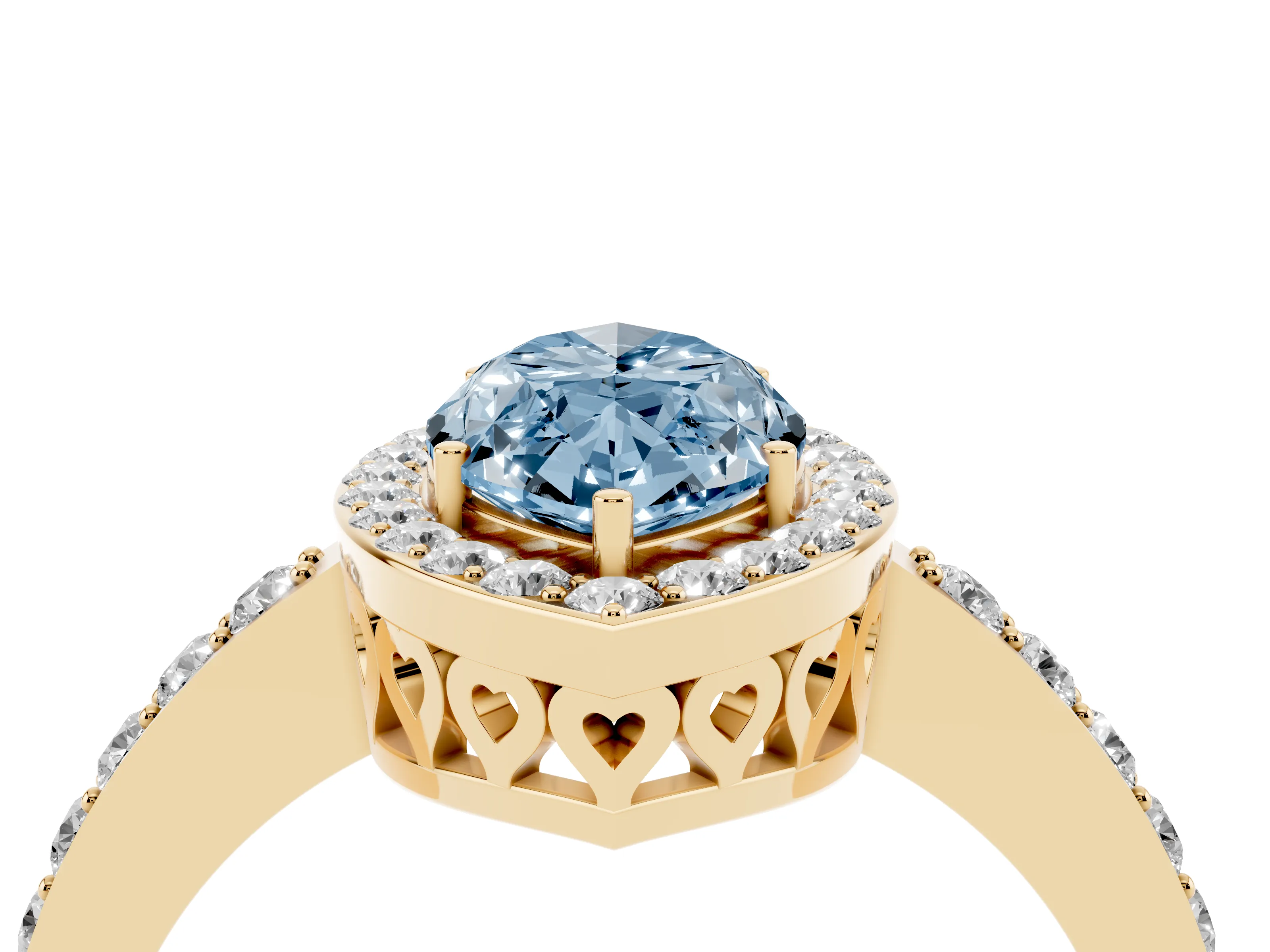 Fancy Blue Marquise Cut Diamond Halo Ring Set in Yellow gold with Pavé-Setting Band and Open Prong Center