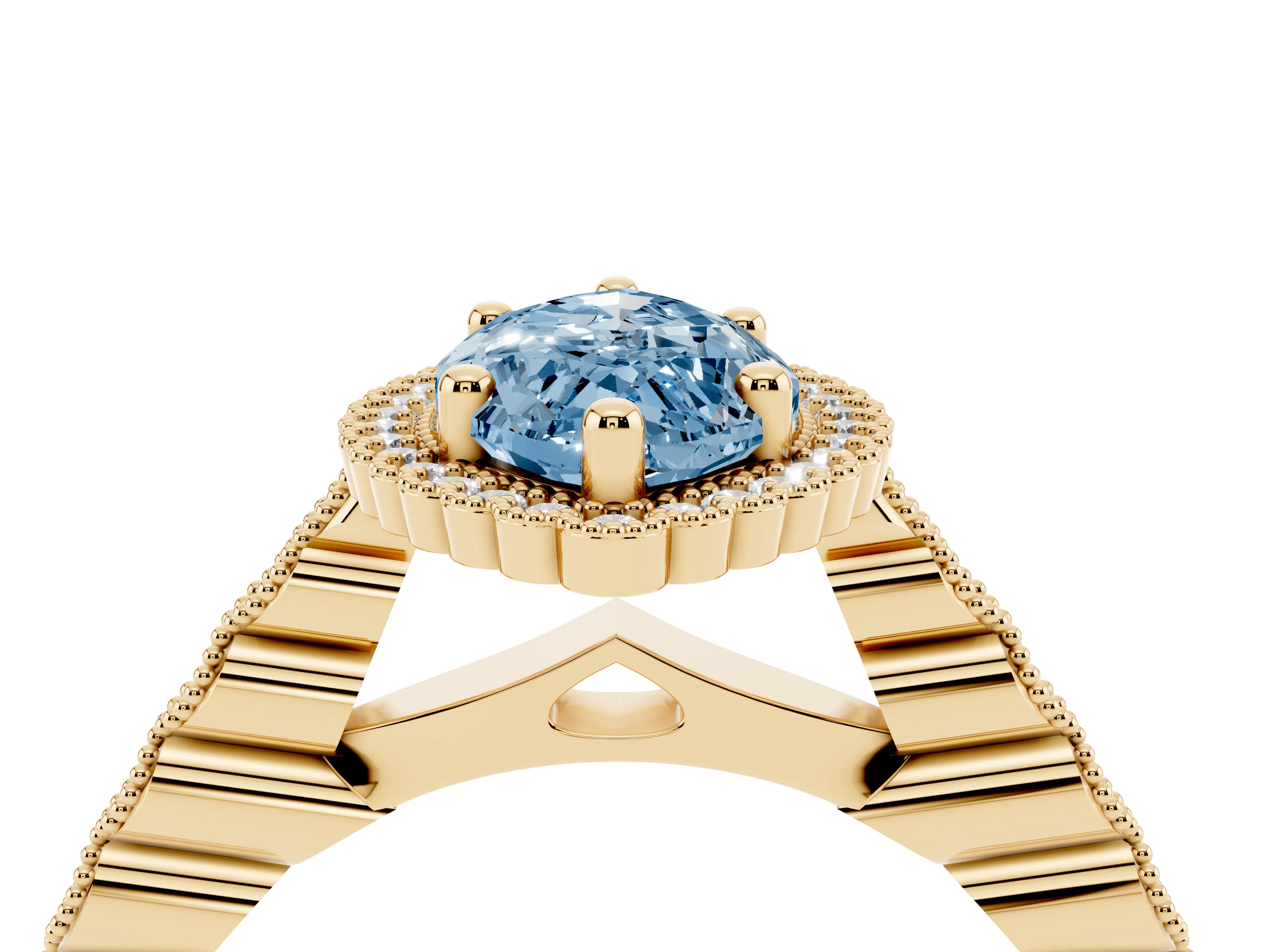 Fancy Blue Marquise Cut Diamond Halo Ring Set in Yellow gold with Pavé Milgrain Band