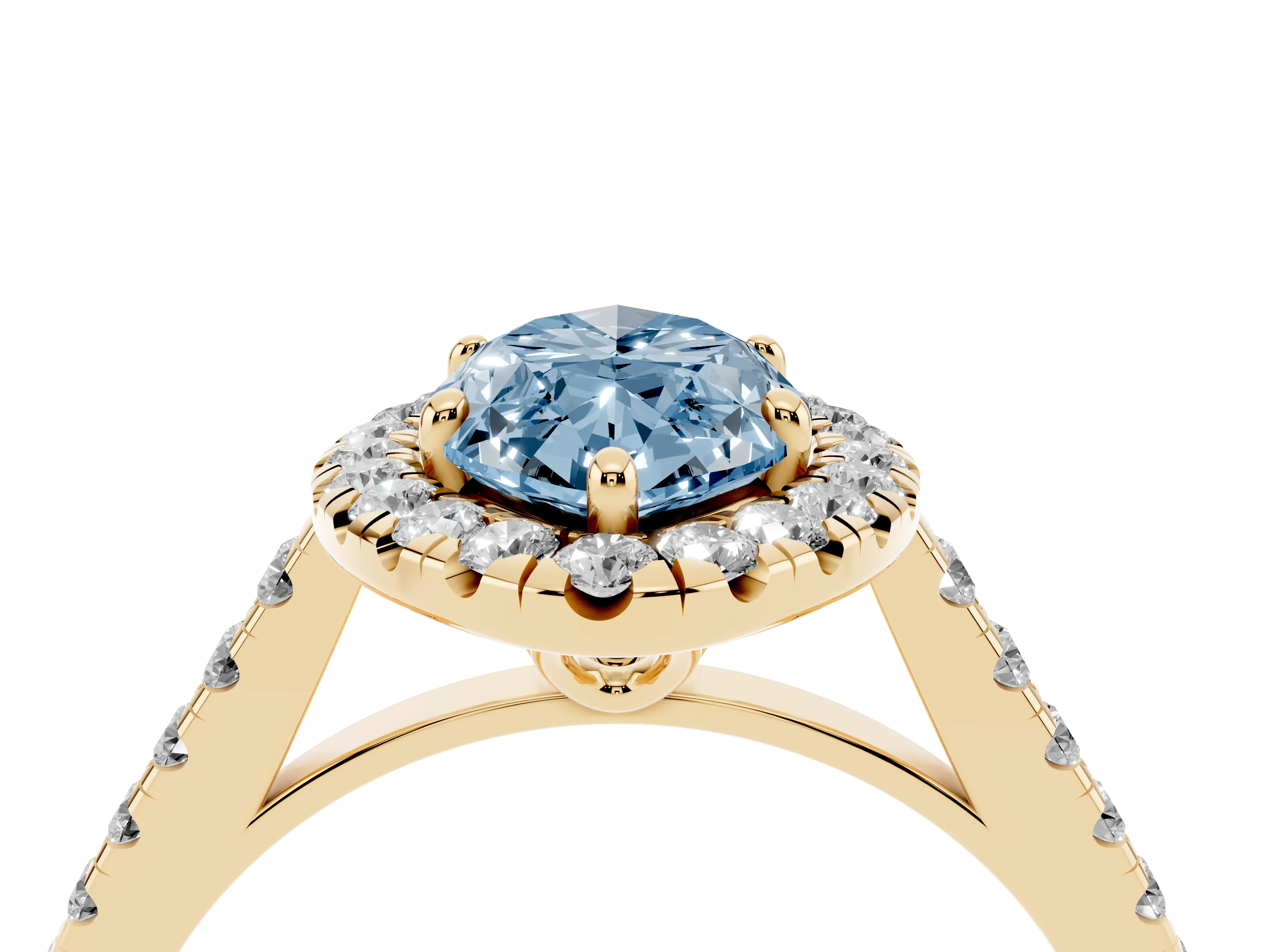 Fancy Blue Marquise Cut Diamond Pavé Halo Engagement Ring Set in Yellow gold with Pavé Band and Prong Setting