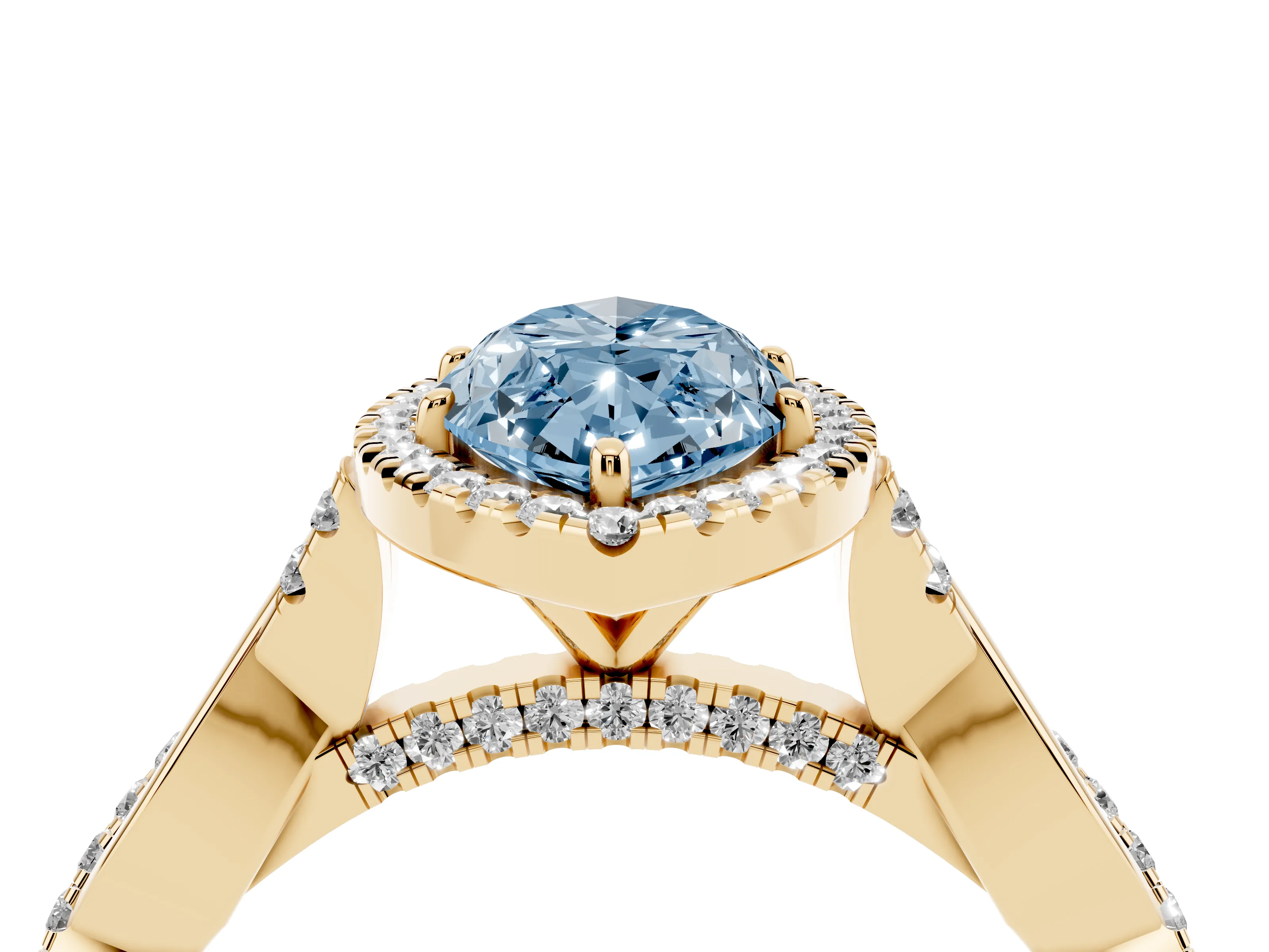 Fancy Blue Marquise Cut Diamond Halo Twist Band Solitaire Ring Set in Yellow gold with Prong Setting