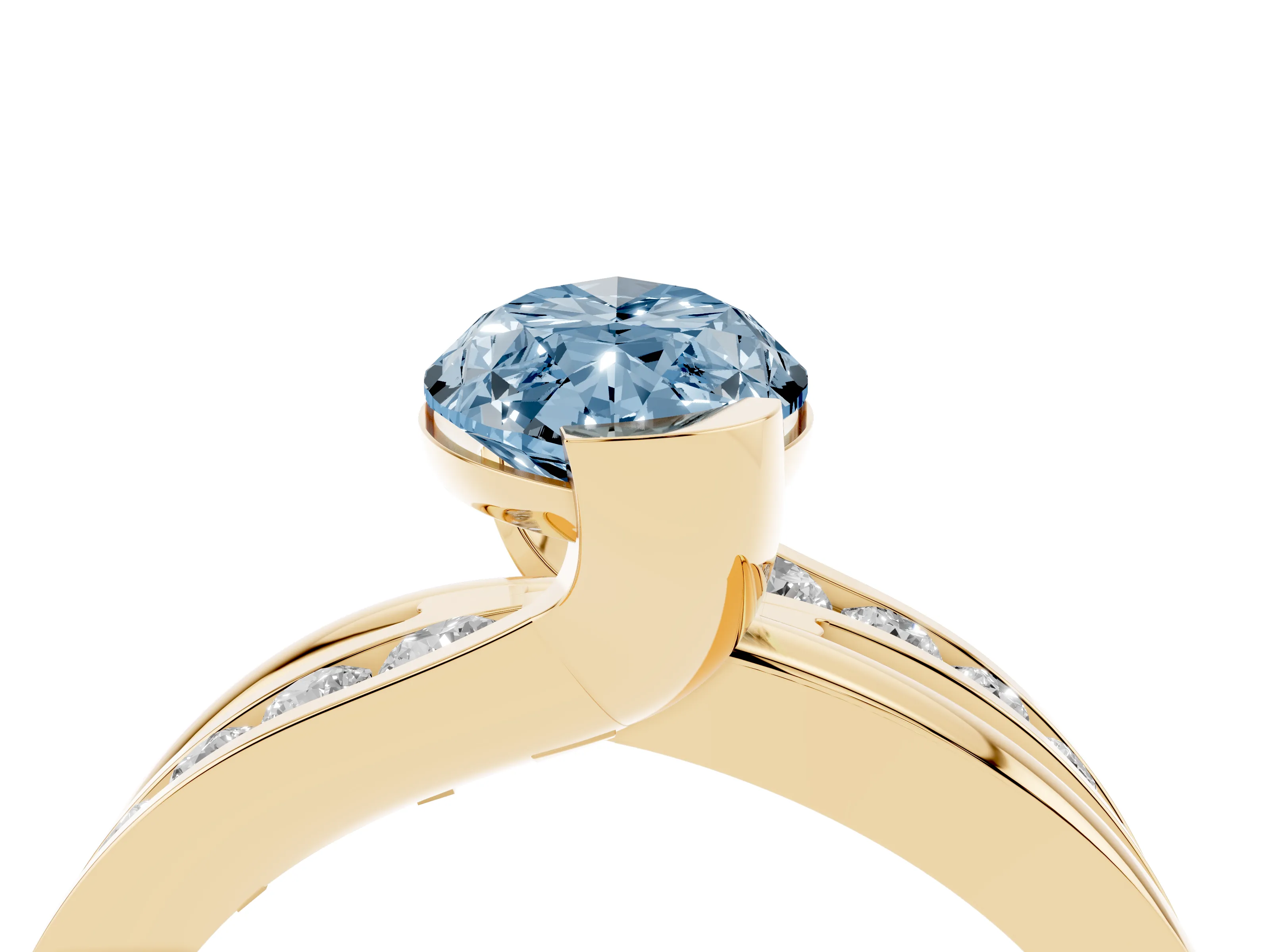 Fancy Blue Marquise Cut Diamond Solitaire Ring Set in Yellow gold with Channel Set Split Shank and Tension Prongs