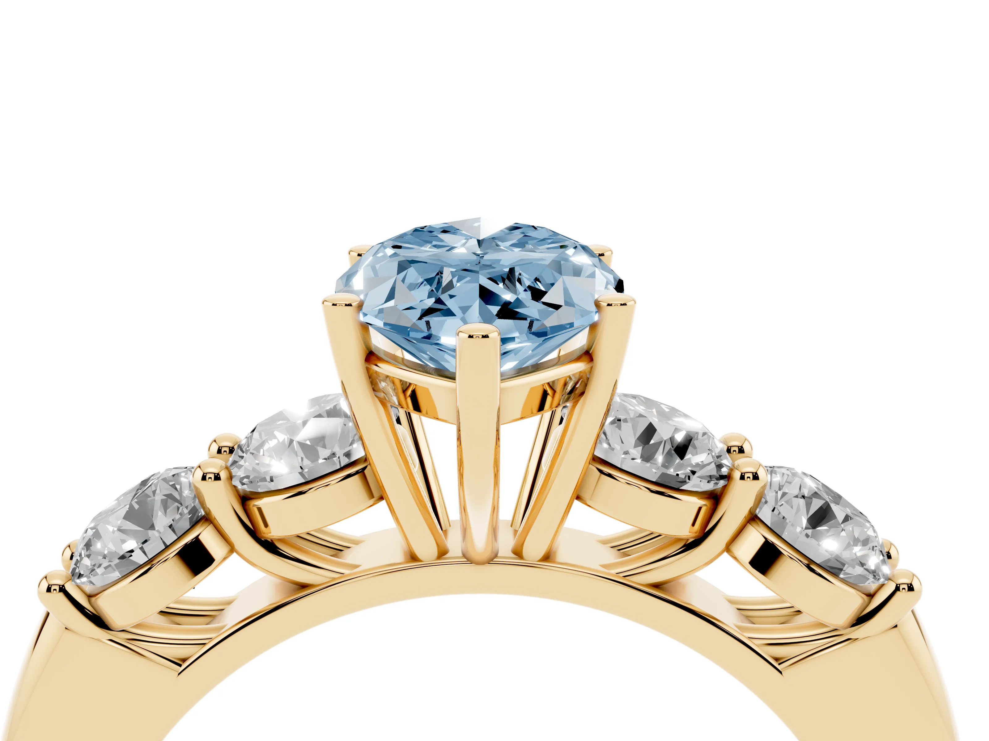 Fancy Blue Marquise Cut Diamond Five-Stone Prong Set Ring Set in Yellow gold with Classic Band