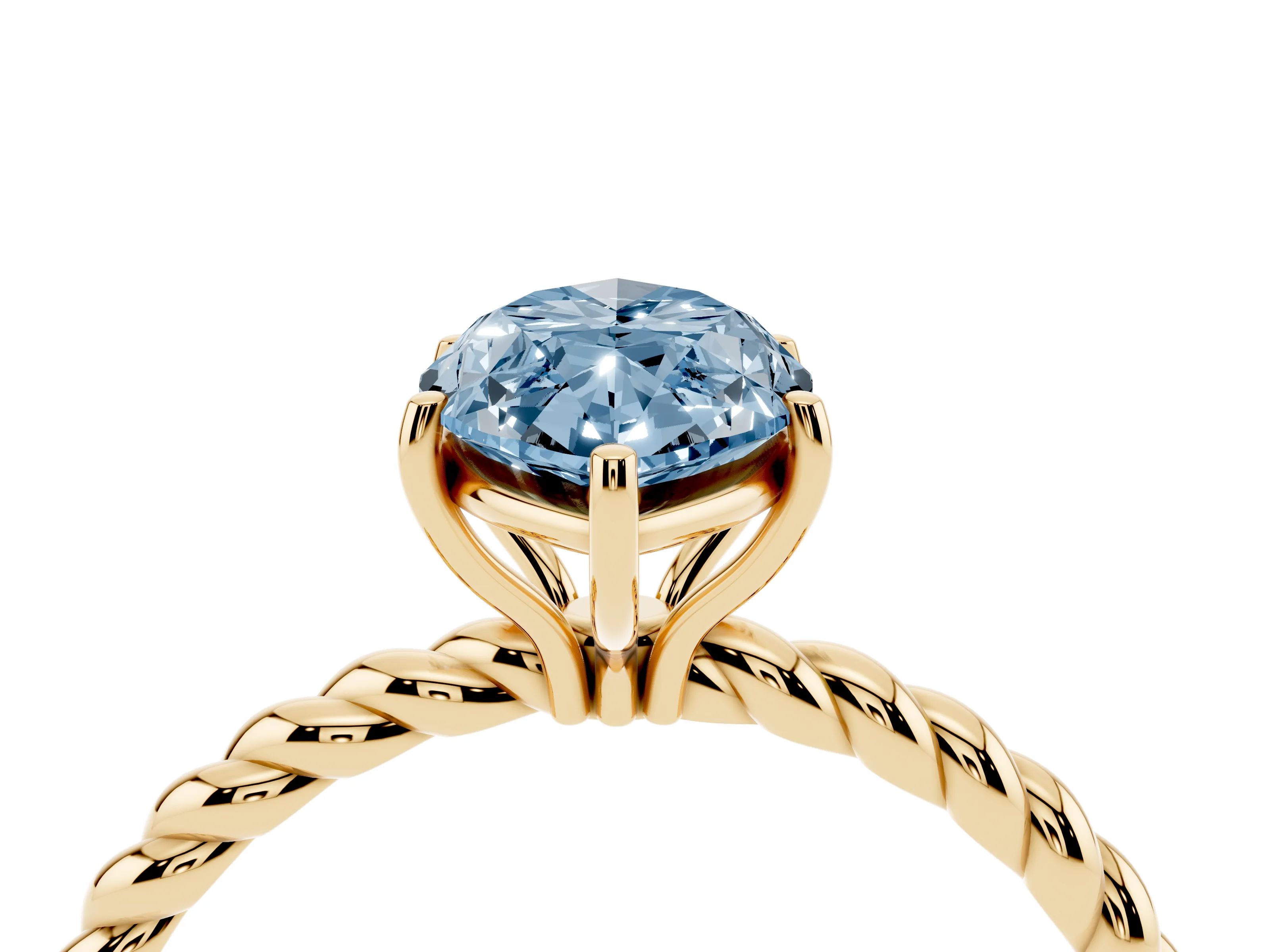 Fancy Blue Marquise Cut Diamond Solitaire Ring Set in Yellow gold with Twist Band and Prong Setting