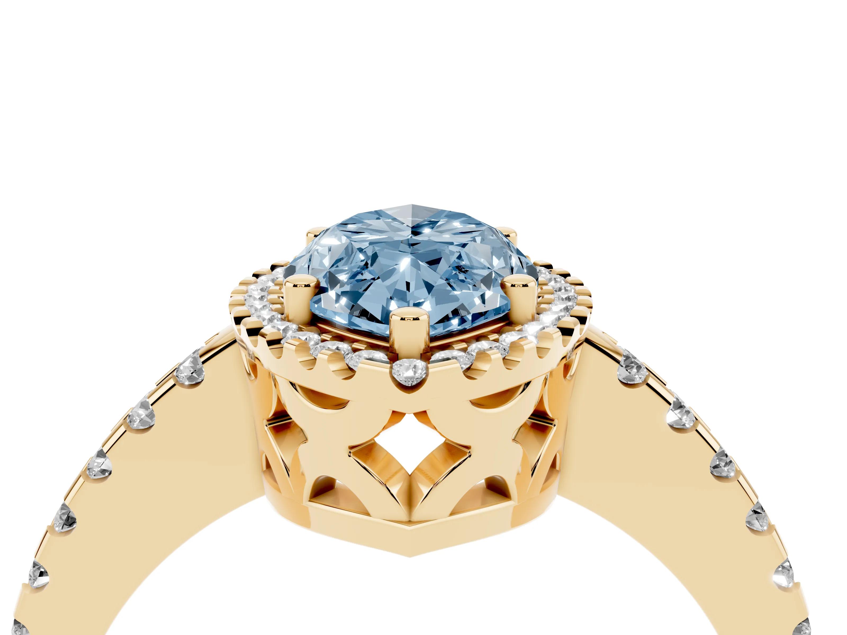 Fancy Blue Marquise Cut Diamond Halo Ring Set in Yellow gold with Pavé Shoulders and Halo-Framed Center