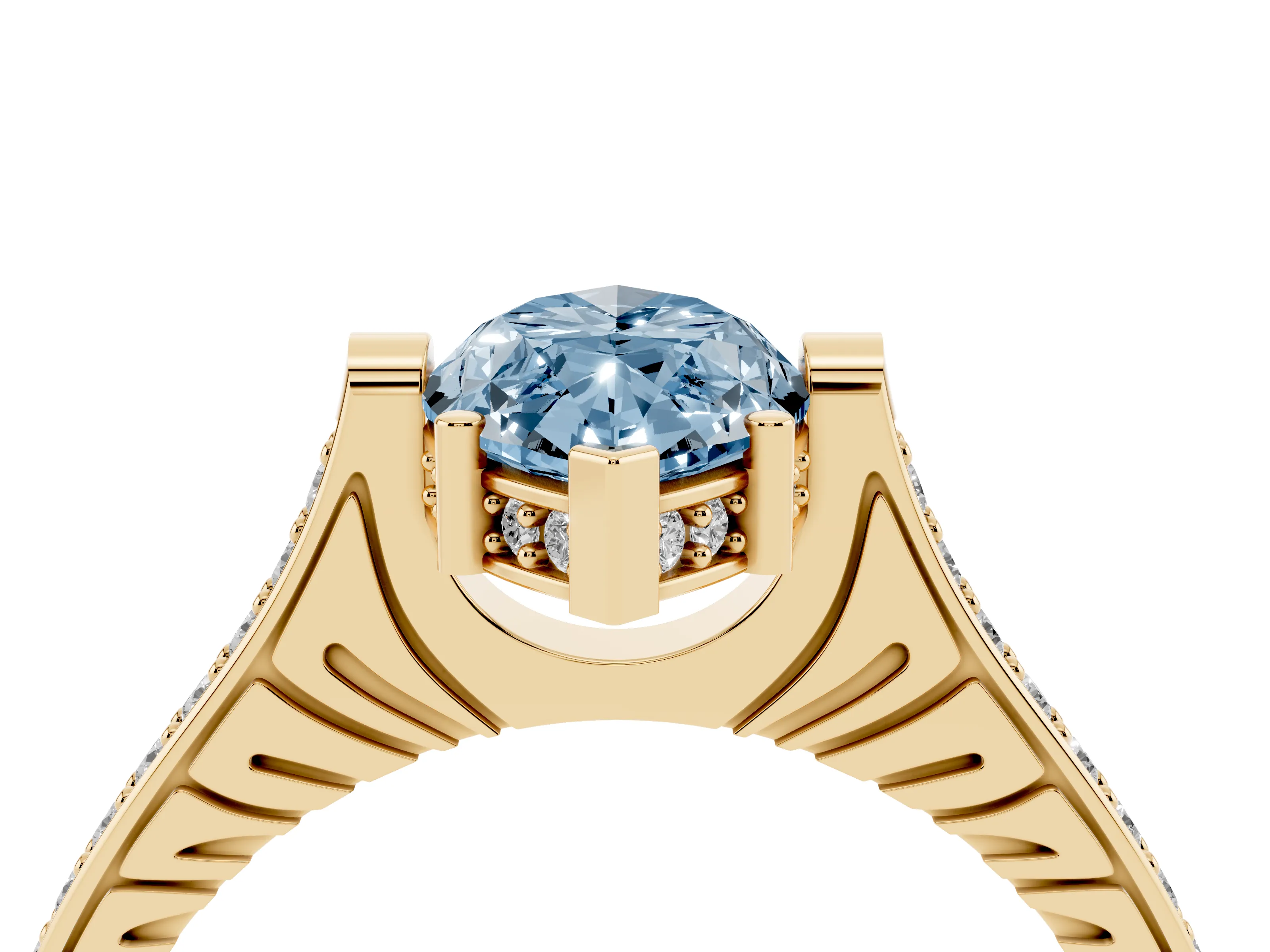 Fancy Blue Marquise Cut Diamond Solitaire Ring Set in Yellow gold with Channel Set Band and Bezel Prong Setting